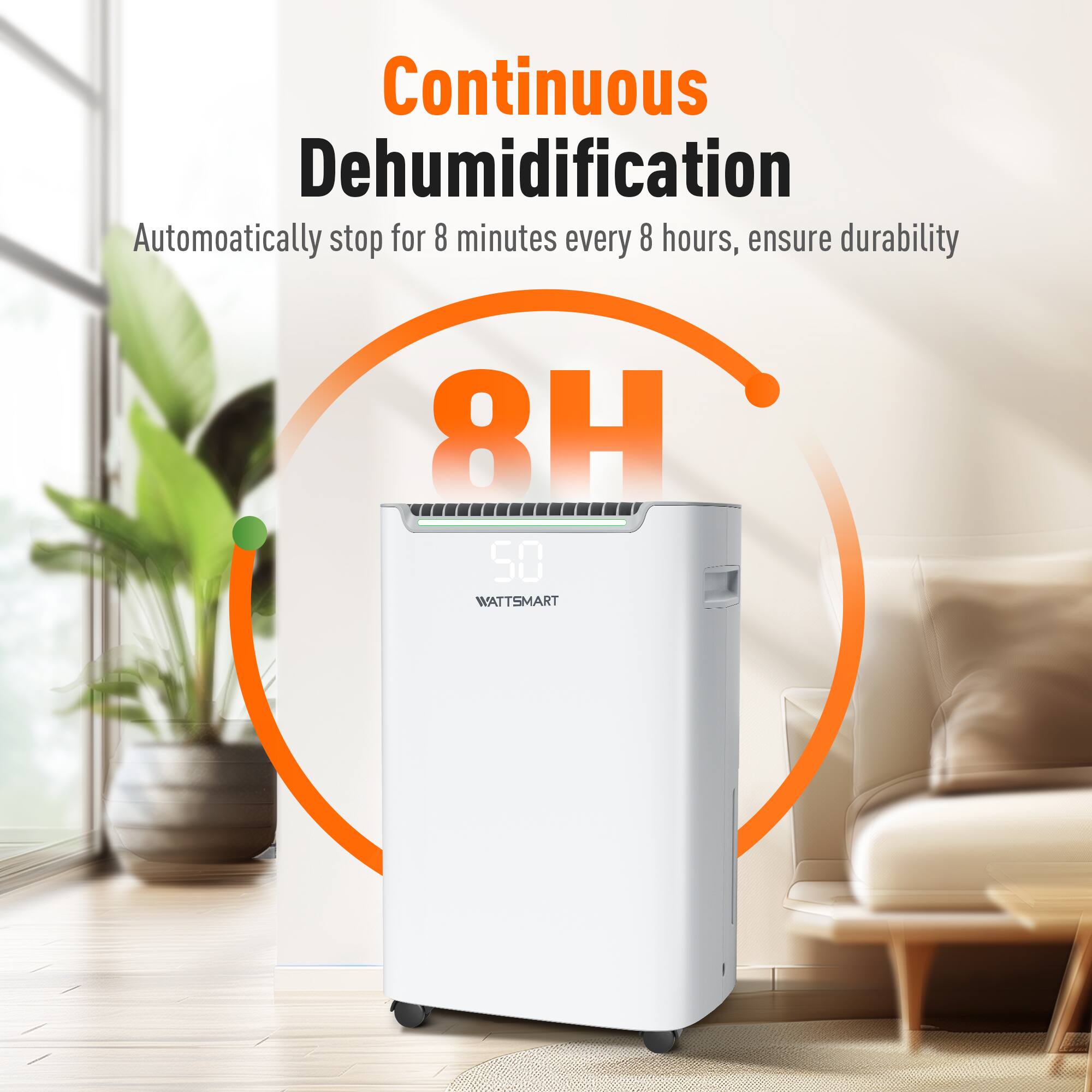 Continuous Dehumidification  
Automatically stop for 8 minutes every 8 hours, ensure durability  
8H  
50 WATTSMART