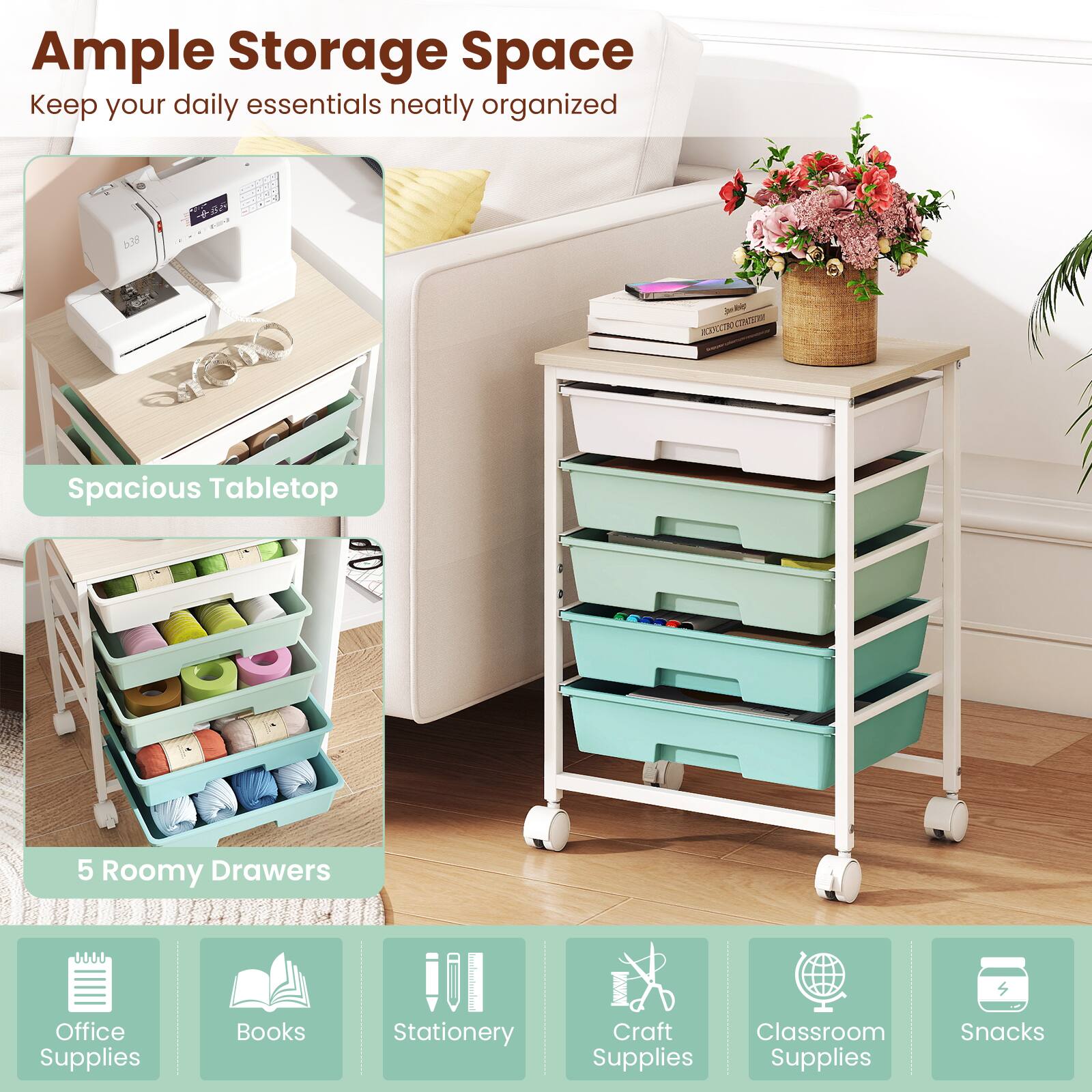 Ample Storage Space  
Keep your daily essentials neatly organized

- Spacious Tabletop
- 5 Roomy Drawers

Office Supplies  
Books  
Stationery  
Craft Supplies  
Classroom Supplies  
Snacks