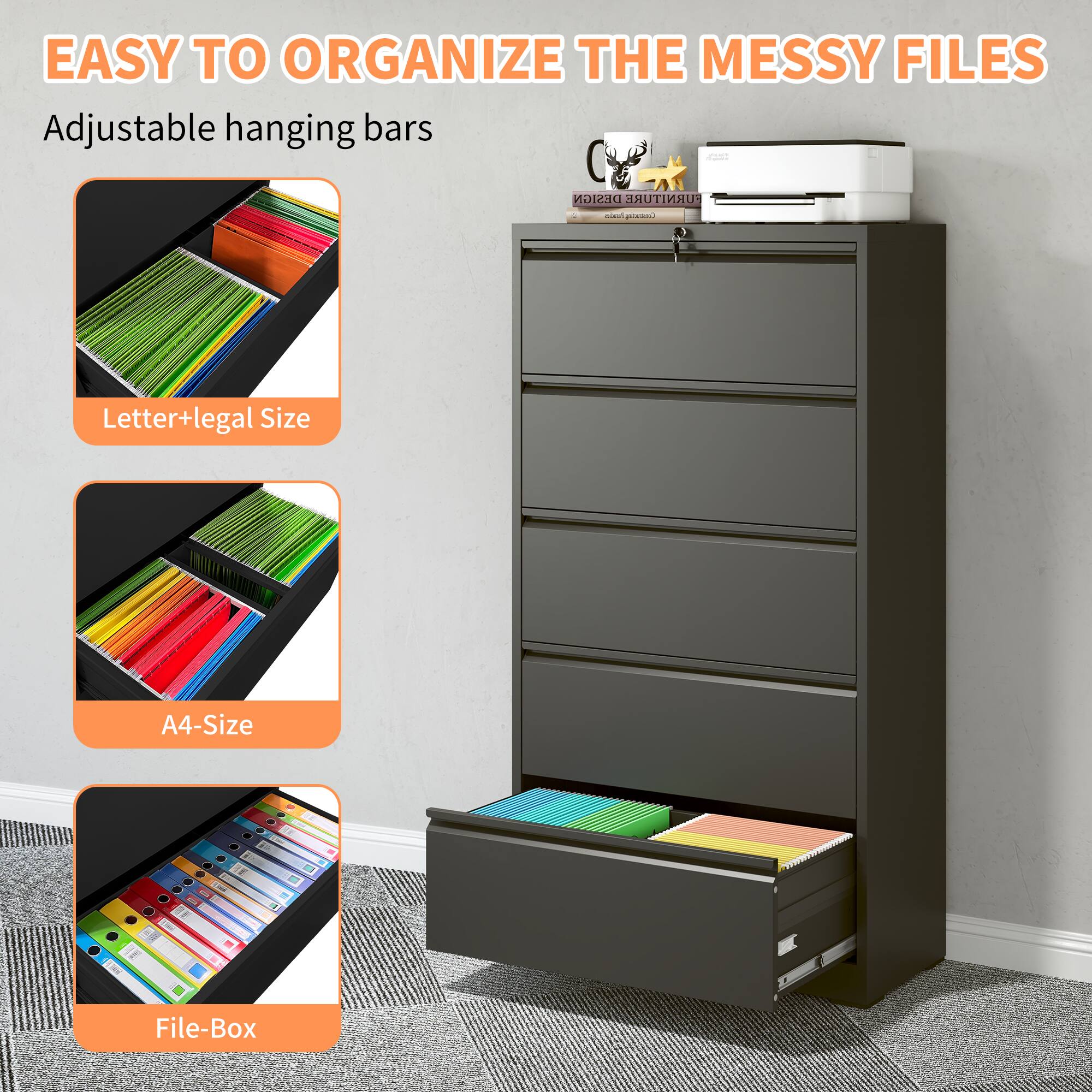 EASY TO ORGANIZE THE MESSY FILES

Adjustable hanging bars

- Letter+legal Size
- A4-Size
- File-Box