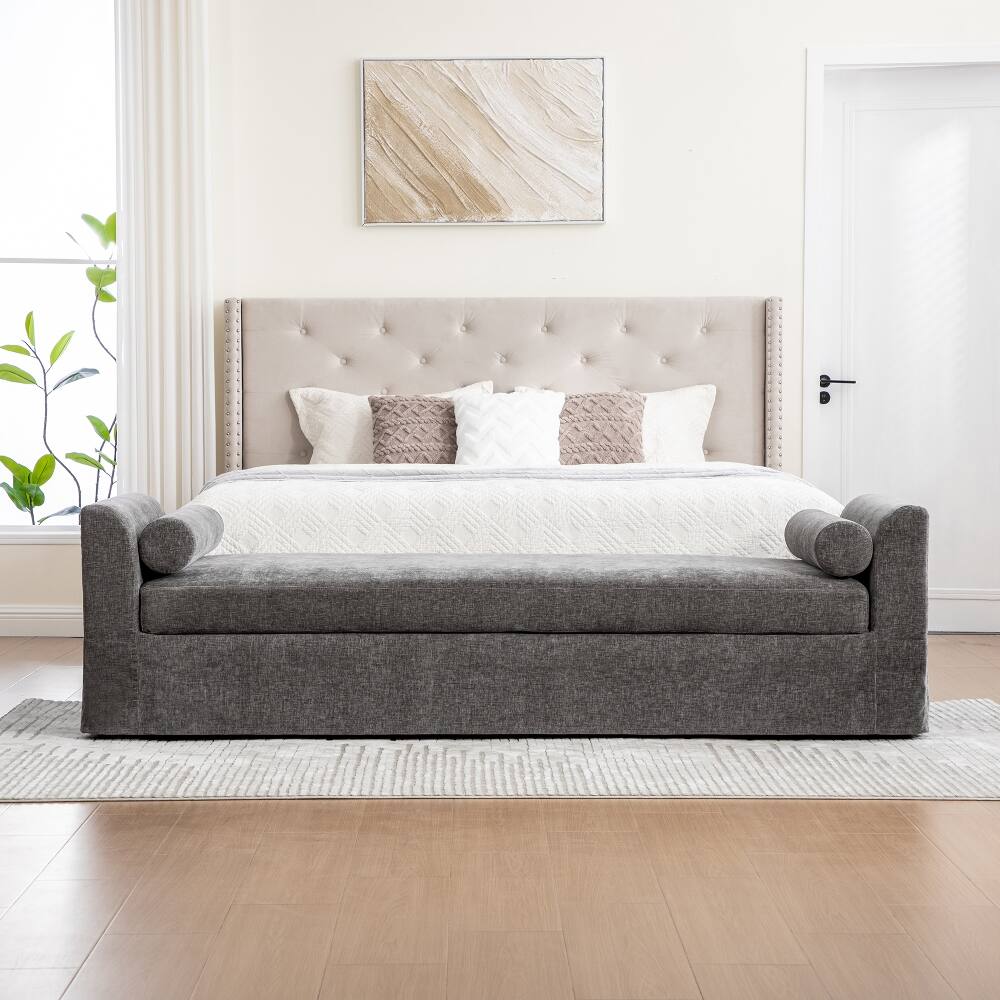Left. Ropilly - Ropilly Modern Gray Chenille Bed End Bench with Armrests, Chaise Lounge Couch for Bedroom and Entryway - Gray.