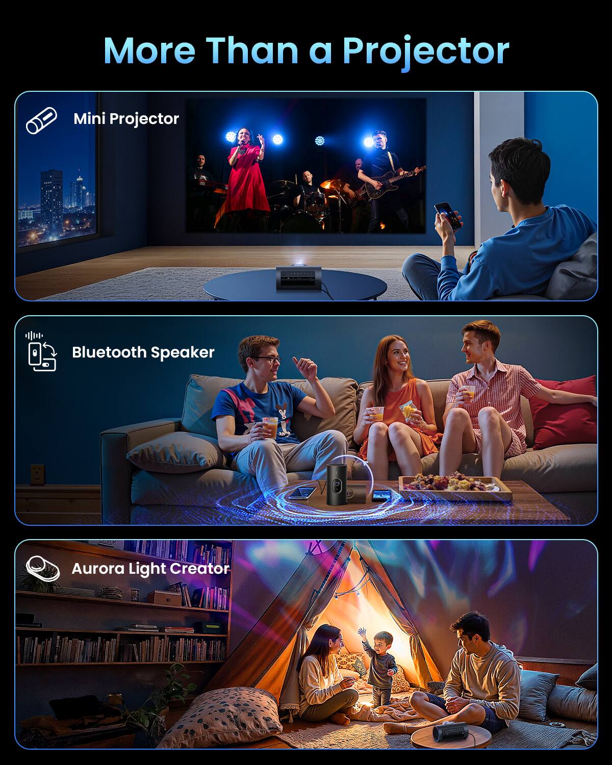 More Than a Projector

- Mini Projector
- Bluetooth Speaker
- Aurora Light Creator