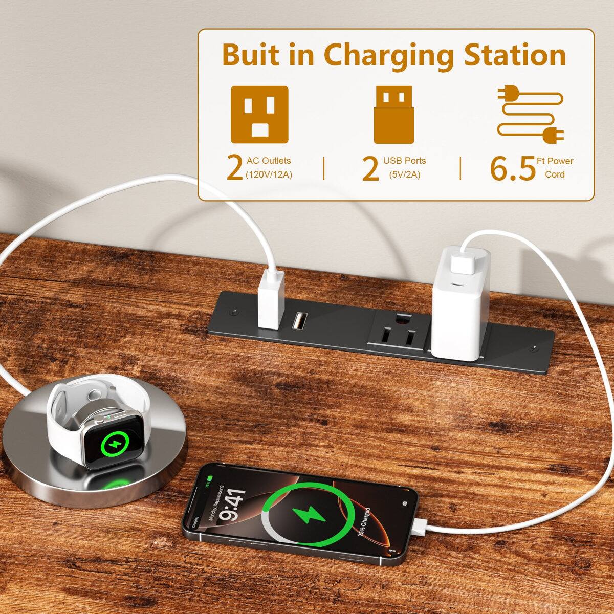 Buit in Charging Station AC Outlets 2 (120V/12A) | USB Ports 2 (5V/2A) | 6.5 Ft Power Cord
