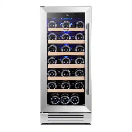 Front. Yeego - 15 inch Wine Cooler Refrigerator with 33-Bottle Built-In/Freestanding for Home Bar,Stainless Steel - Stainless Steel.