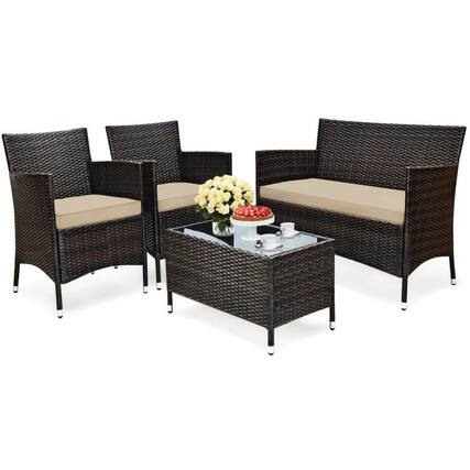 Front. Kadyn - 4 Pcs Comfortable Outdoor Rattan Sofa Set Garden Conversation Sets with Glass Coffee Table-Beige & Red - Beige.
