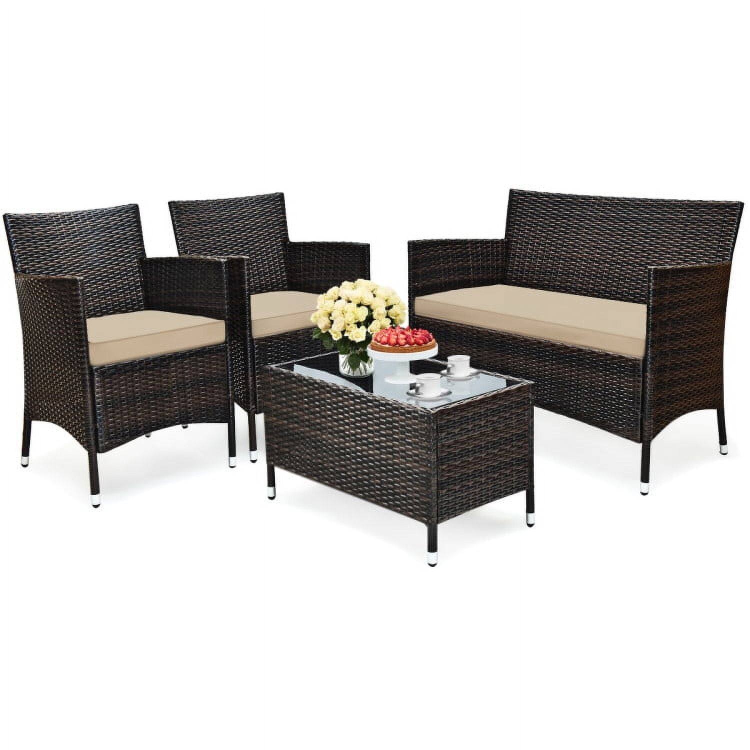 Front. Kadyn - 4 Pcs Comfortable Outdoor Rattan Sofa Set Garden Conversation Sets with Glass Coffee Table-Beige & Red - Beige.