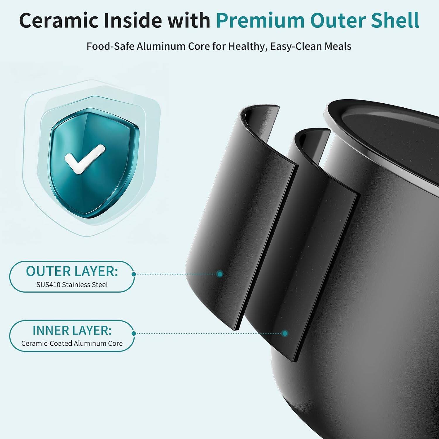 Ceramic Inside with Premium Outer Shell  
Food-Safe Aluminum Core for Healthy, Easy-Clean Meals  

OUTER LAYER: SUS410 Stainless Steel  
INNER LAYER: Ceramic-Coated Aluminum Core