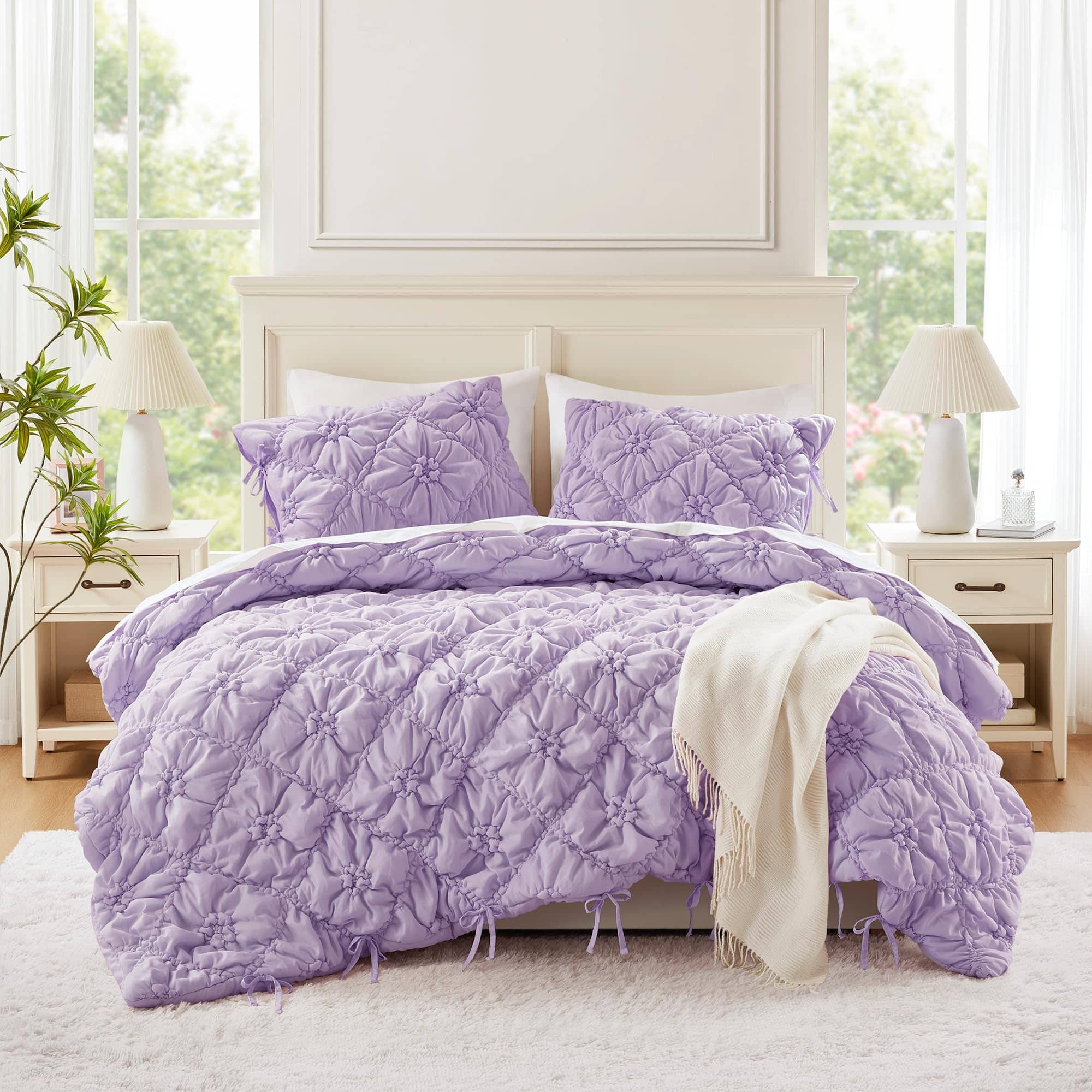 Earthley Blooms - Full Comforter Set Lily Puffy Floral Shabby Chic Boho Bedding Pinch Pleat Sets Ultrasoft Lightweight - Purple-King/Cal King
