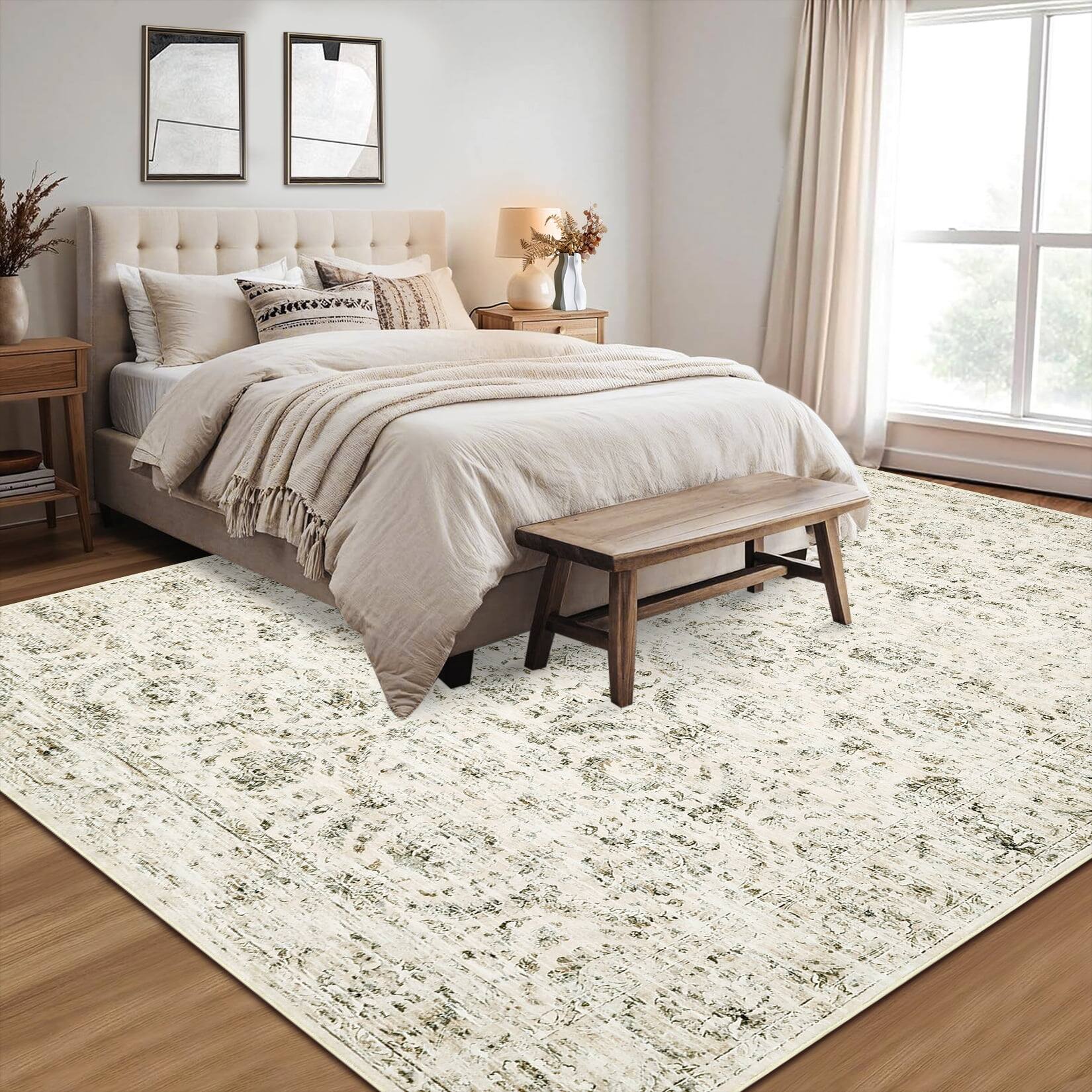 Alt View 1. Homhougo - 9x12 Vintage Runner Rug, Washable, Non-Slip, Beige - Beige.