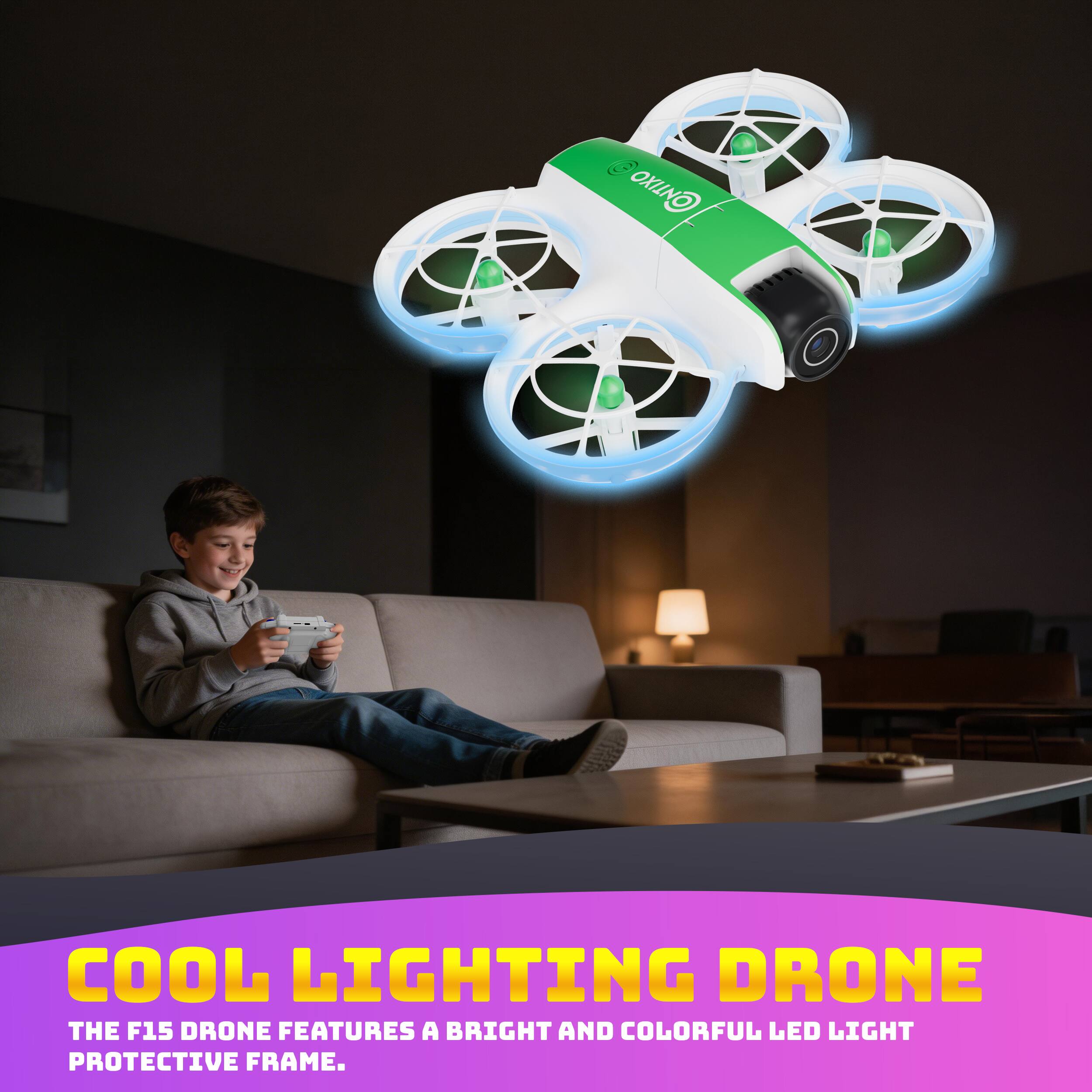 COOL LIGHTING DRONE  
THE F15 DRONE FEATURES A BRIGHT AND COLORFUL LED LIGHT PROTECTIVE FRAME.