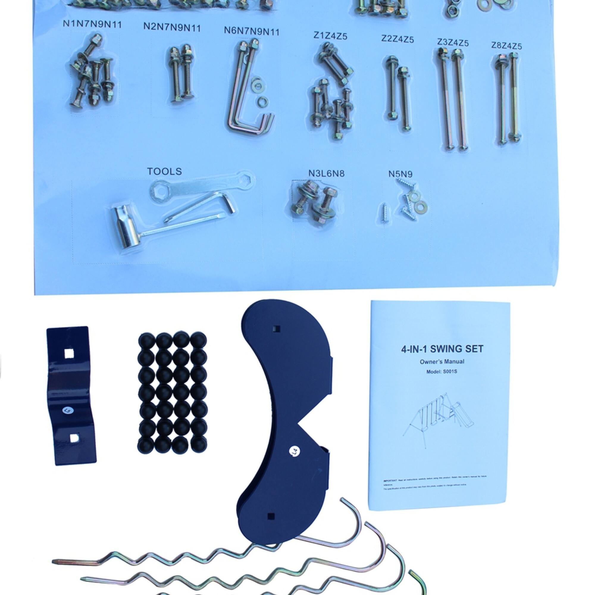 N1N7N9N11  
N2N7N9N11  
N6N7N9N11  
Z1Z4Z5  
Z2Z4Z5  
Z3Z4Z5  
Z8Z4Z5  
TOOLS  
N3L6N8  
N5N9  

4-IN-1 SWING SET  
Owner's Manual  
Model 0015