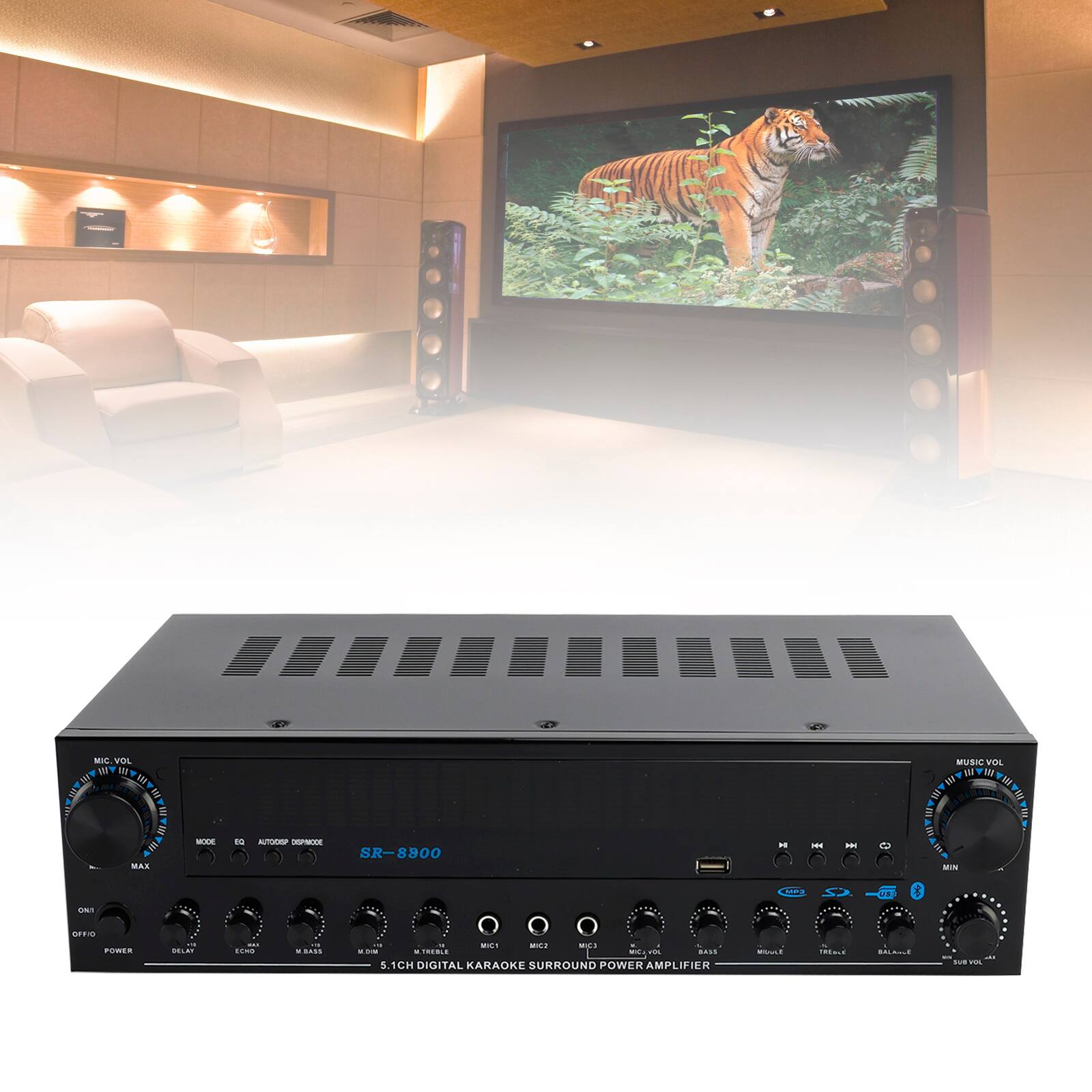 MIC VOL WY 1N M W Y MAM 45 MAX MOTE d AU - SR-8800 - . ... MUSIC VOL M I IMY TIM P 1 FHL MAW MN  ON nE POWER HE -  add - . - - ..... - m .... 5.1CH DIGITAL KARAOKE SURROUND POWER AMPLIFIER