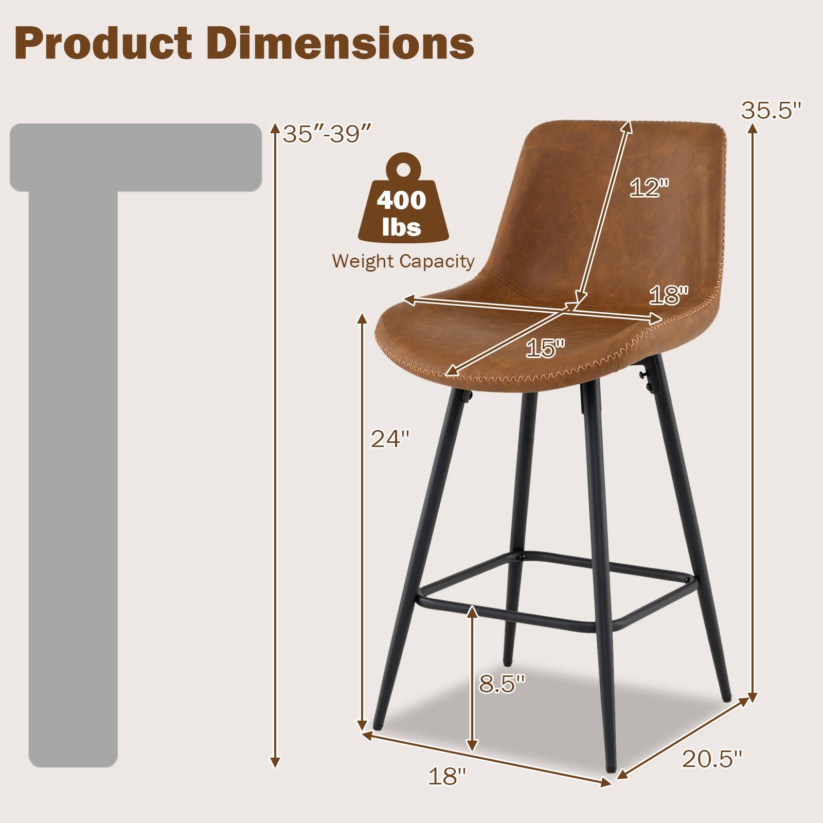 Product Dimensions: 35"-39" x 35.5"  
Weight Capacity: 400 lbs  
Dimensions: 12" x 18" x 15" x 24" x 8.5" x 18" x 20.5"