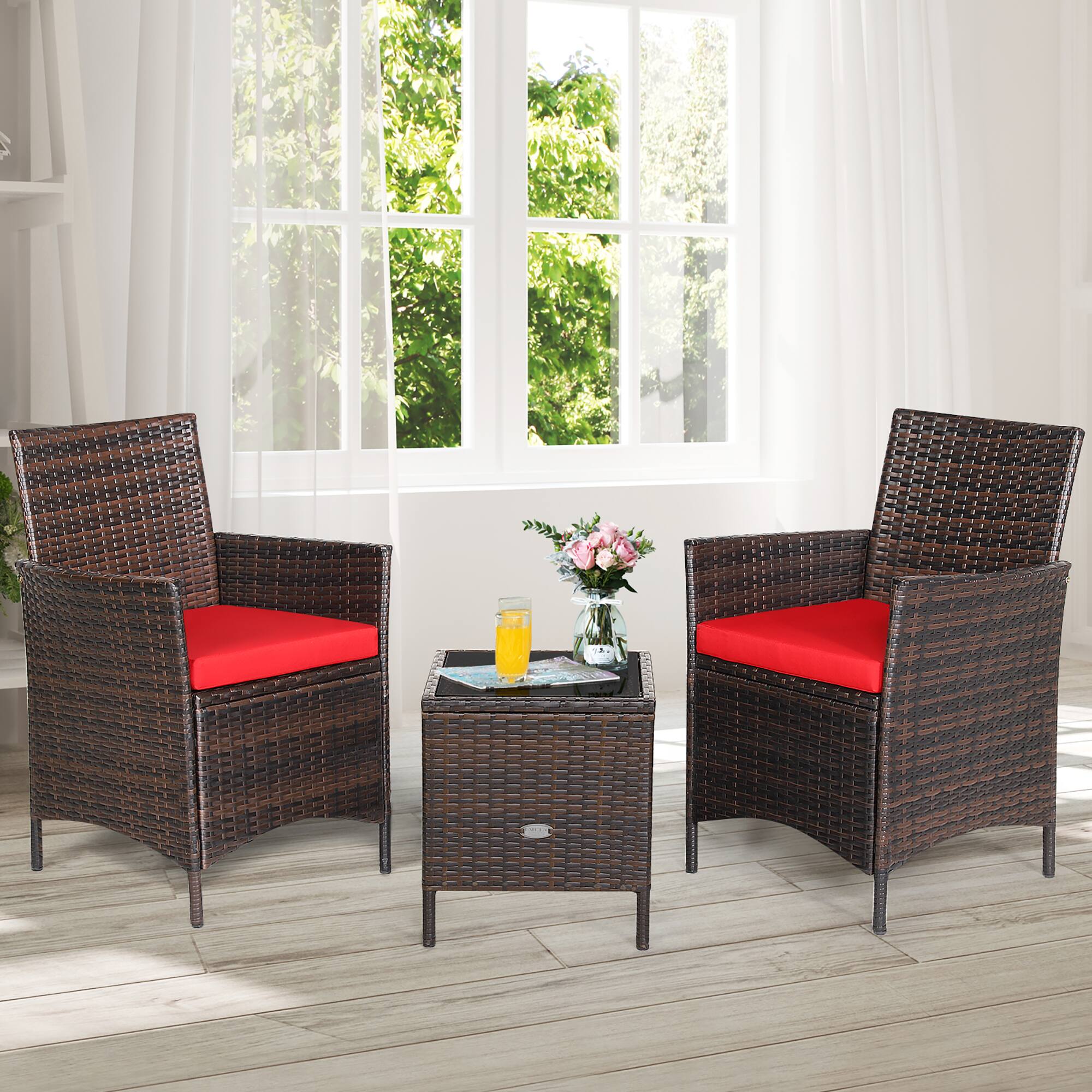 Alt View 3. Costway - 3PCS Patio Rattan Furniture Set Cushioned Sofa Glass Tabletop Deck - Red,Mix Brown.
