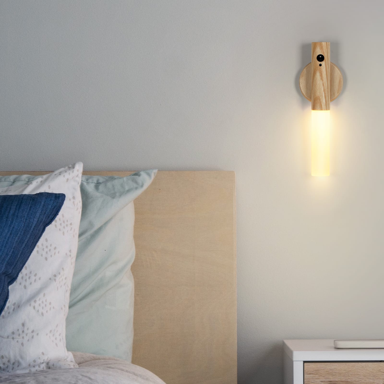 Front. Oumilen - 2 Pack Motion Sensor LED Wall Sconce – Rechargeable Magnetic Ash Wood Wall Light.