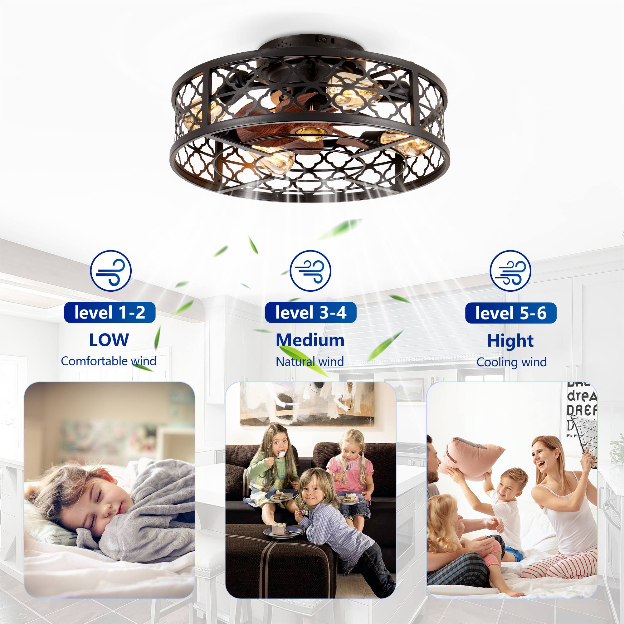 - Level 1-2: LOW Comfortable wind
- Level 3-4: Medium Natural wind
- Level 5-6: High Cooling wind