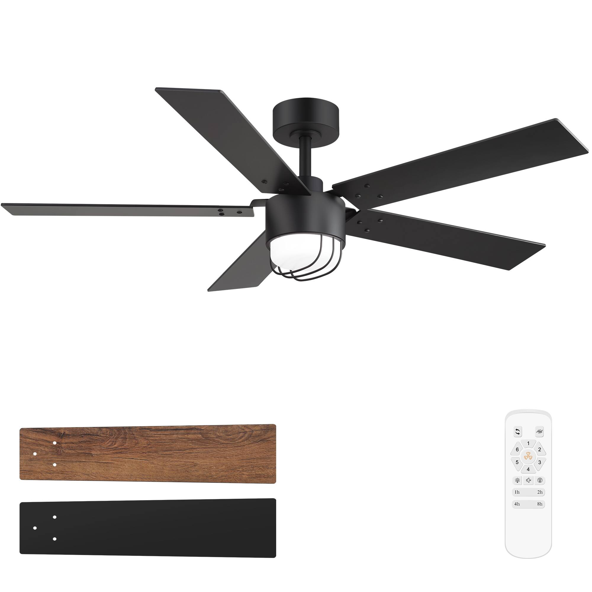 Angle. Breezary - 52-Inch Modern Ceiling Fan with LED Light & Remote, 6'' Downrod, 5 Reversible Blades, 6-Speed DC Motor, Timer, 6-Speed - black.