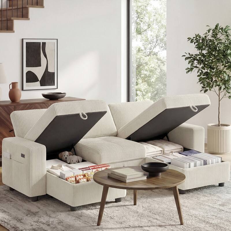 Alt View 1. Dyonery - Dyonery 105" Sleeper Sofa with Storage, Convertible Small Pull Out Couch with Storage Chaise,U-Shaped Sectional Sofa Bed - Beige.
