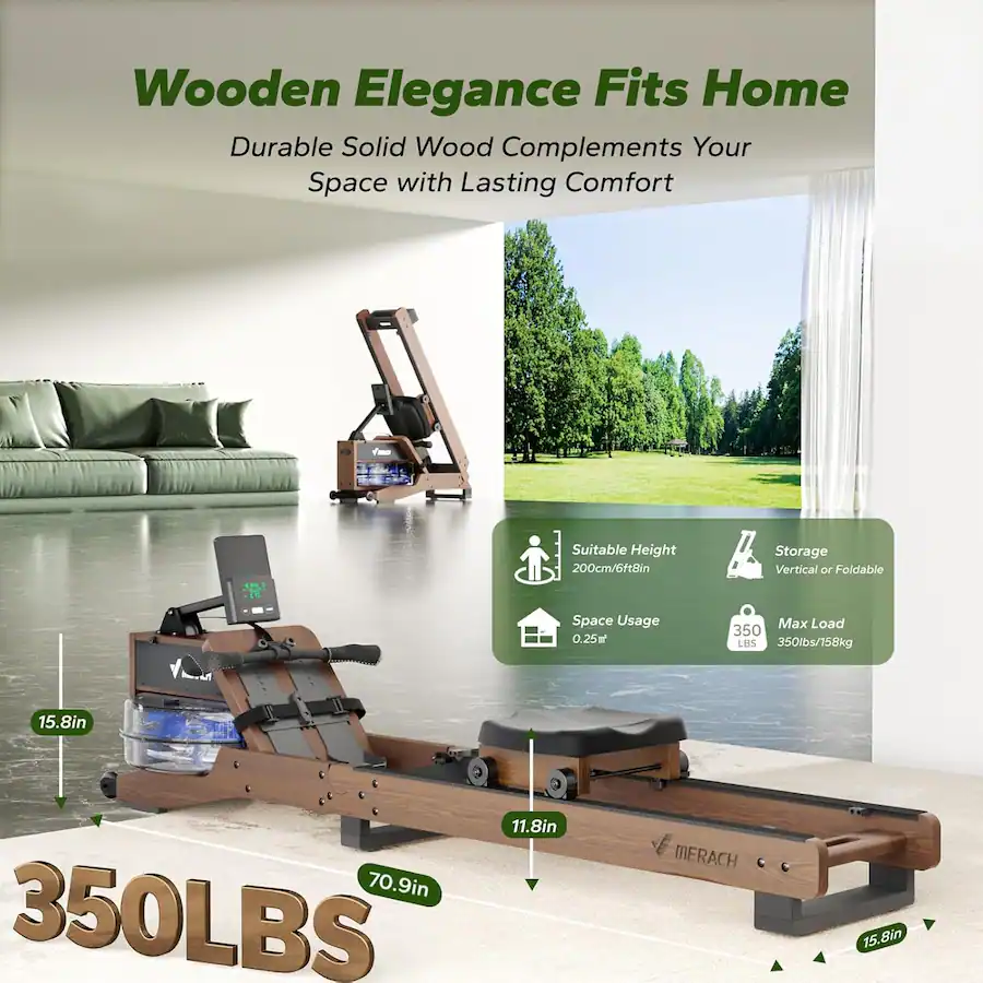 Blades Rowing Machine MERACH Oak Wood Water Rowing Machines for Home with 12 Enhanced ...
