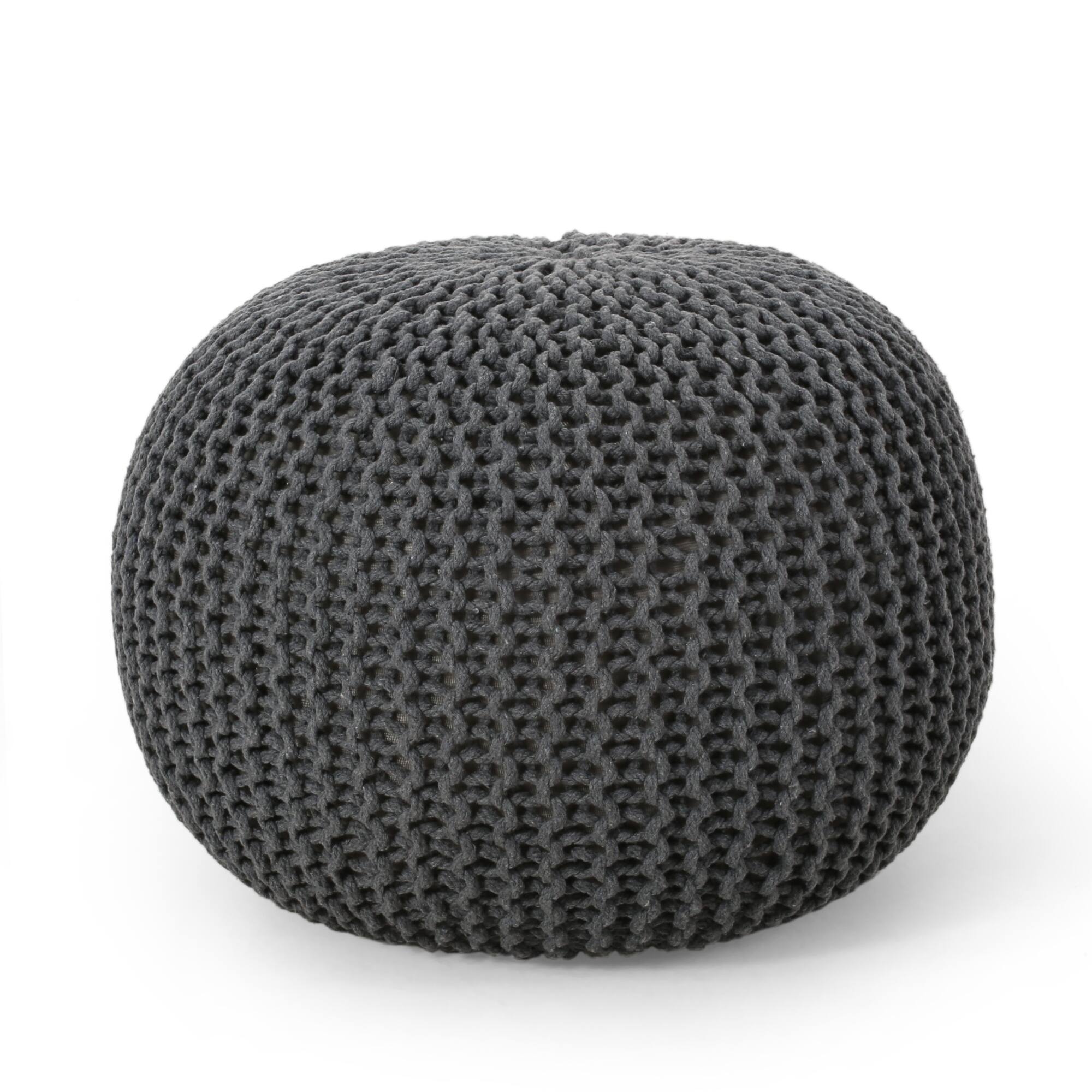 Angle. GOODSILO - Stylish Knitted Cotton Round Pouf for Versatile Seating and Decor - Gray.