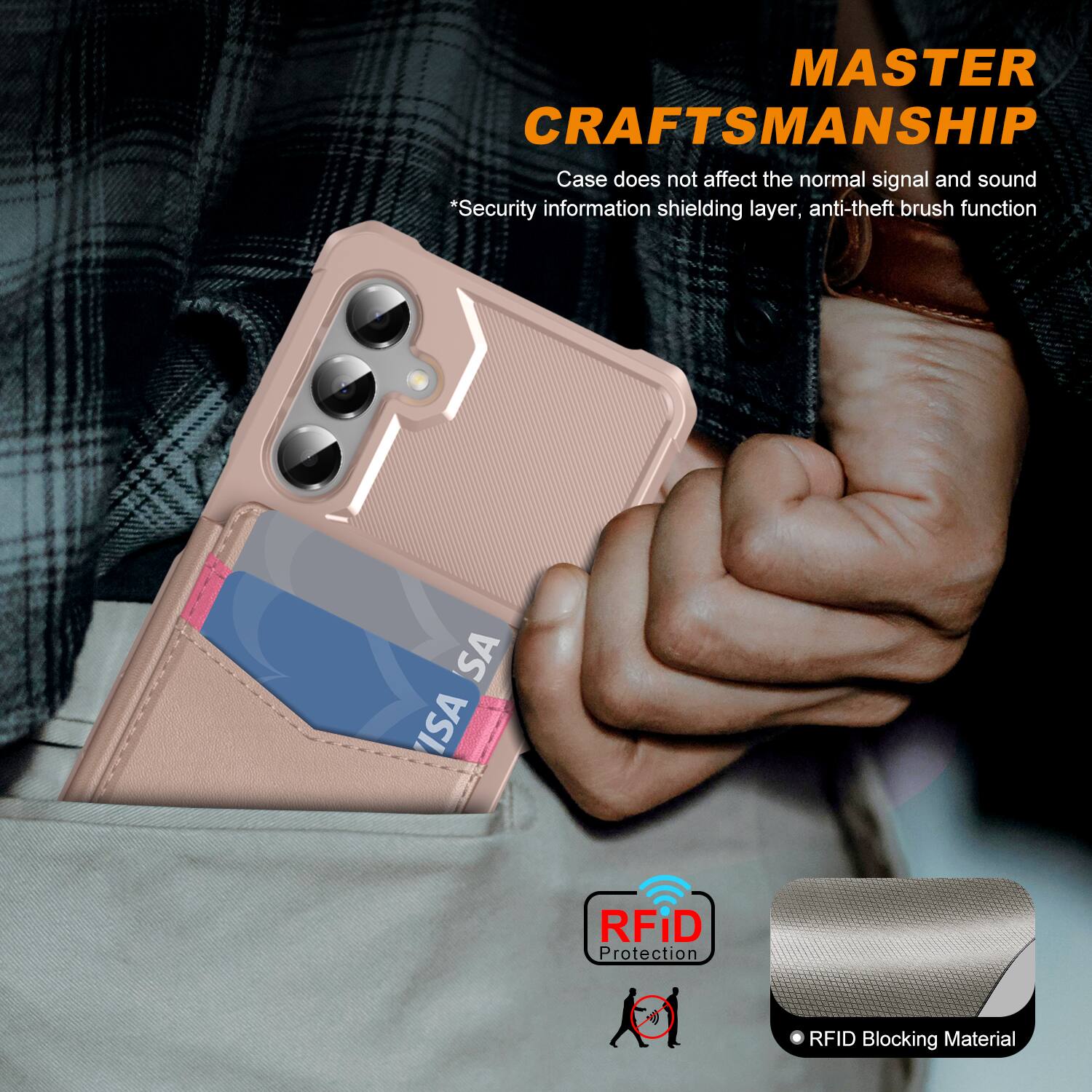 MASTER CRAFTSMANSHIP  
Case does not affect the normal signal and sound  
*Security information shielding layer, anti-theft brush function  

RFID Protection  
RFID Blocking Material