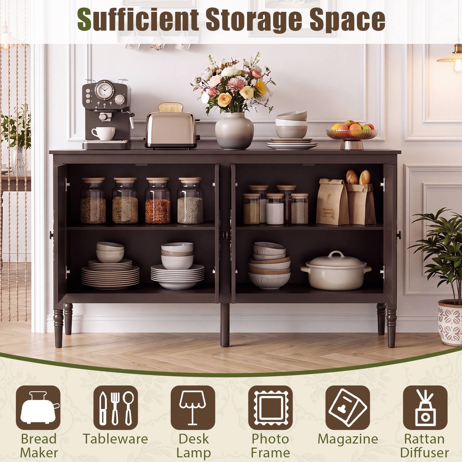 Sufficient Storage Space

- Bread Maker
- Tableware
- Desk Lamp
- Photo Frame
- Magazine
- Rattan Diffuser