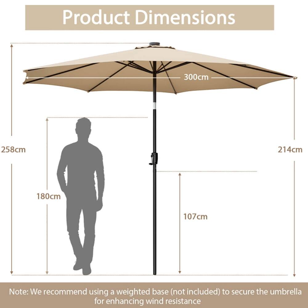 Product Dimensions: 300cm, 258cm, 214cm, 180cm, 107cm

Note: We recommend using a weighted base (not included) to secure the umbrella for enhancing wind resistance.