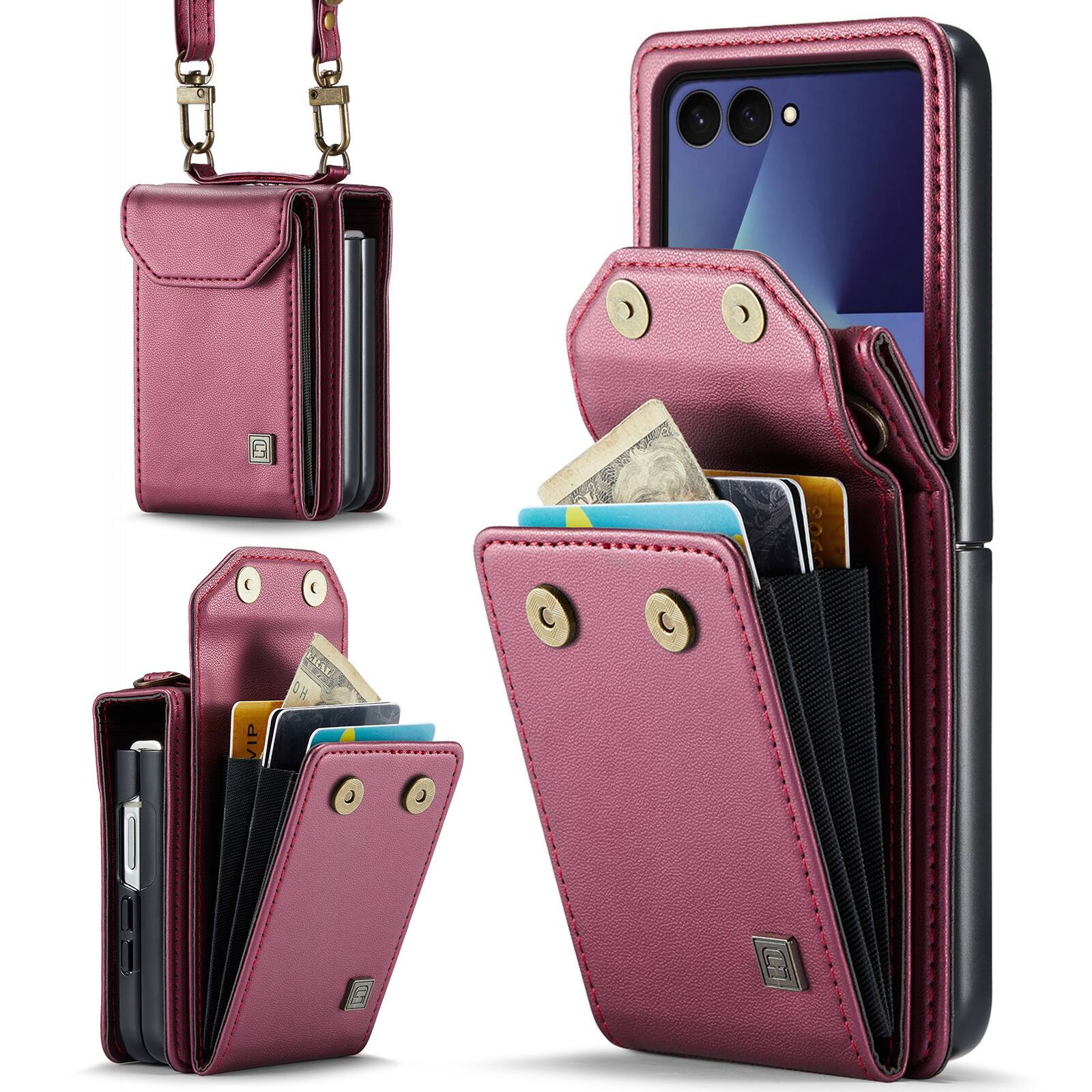 Dteck - Phone Case for Samsung Galaxy Z Flip8, RFID Blocking Card Holder PU Leather Wallet Cover with Strap - Red