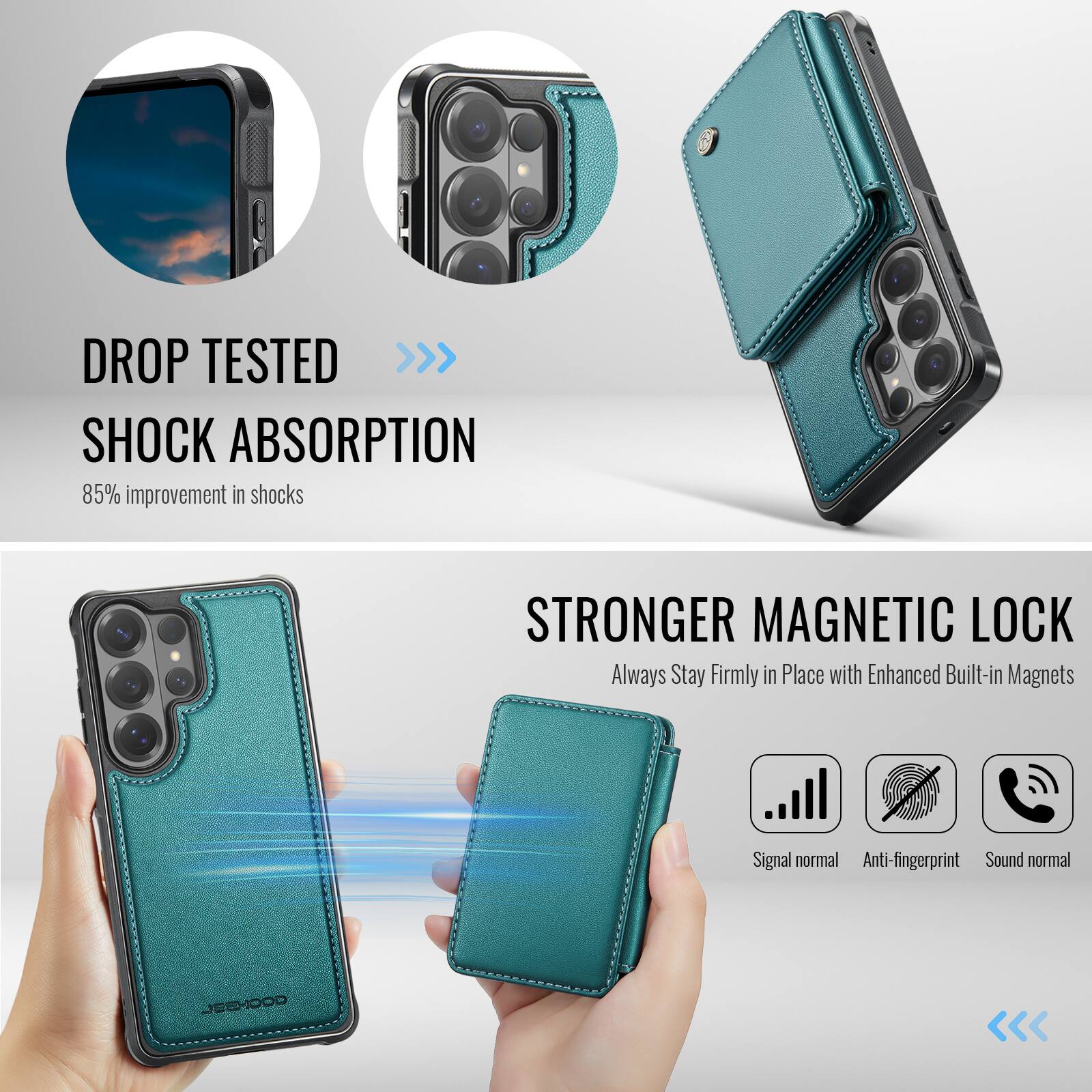 DROP TESTED >>> SHOCK ABSORPTION  
85% improvement in shocks  

STRONGER MAGNETIC LOCK  
Always Stay Firmly in Place with Enhanced Built-in Magnets  

Signal normal  
Anti-fingerprint  
Sound normal