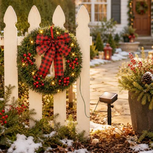Alt View 6. Winado - 14in Solar Christmas Wreath 3PCS Wall Mount with LED Light, Red Bow Berries for Outdoor Holiday Party Display Decoration - Green.