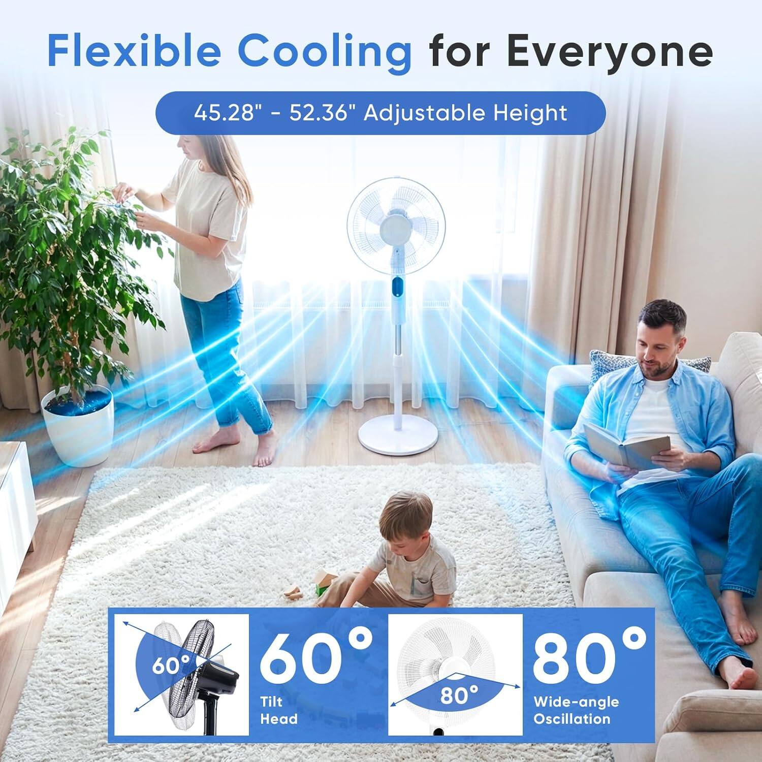 Flexible Cooling for Everyone  
45.28" - 52.36" Adjustable Height  
60° Tilt Head  
80° Wide-angle Oscillation