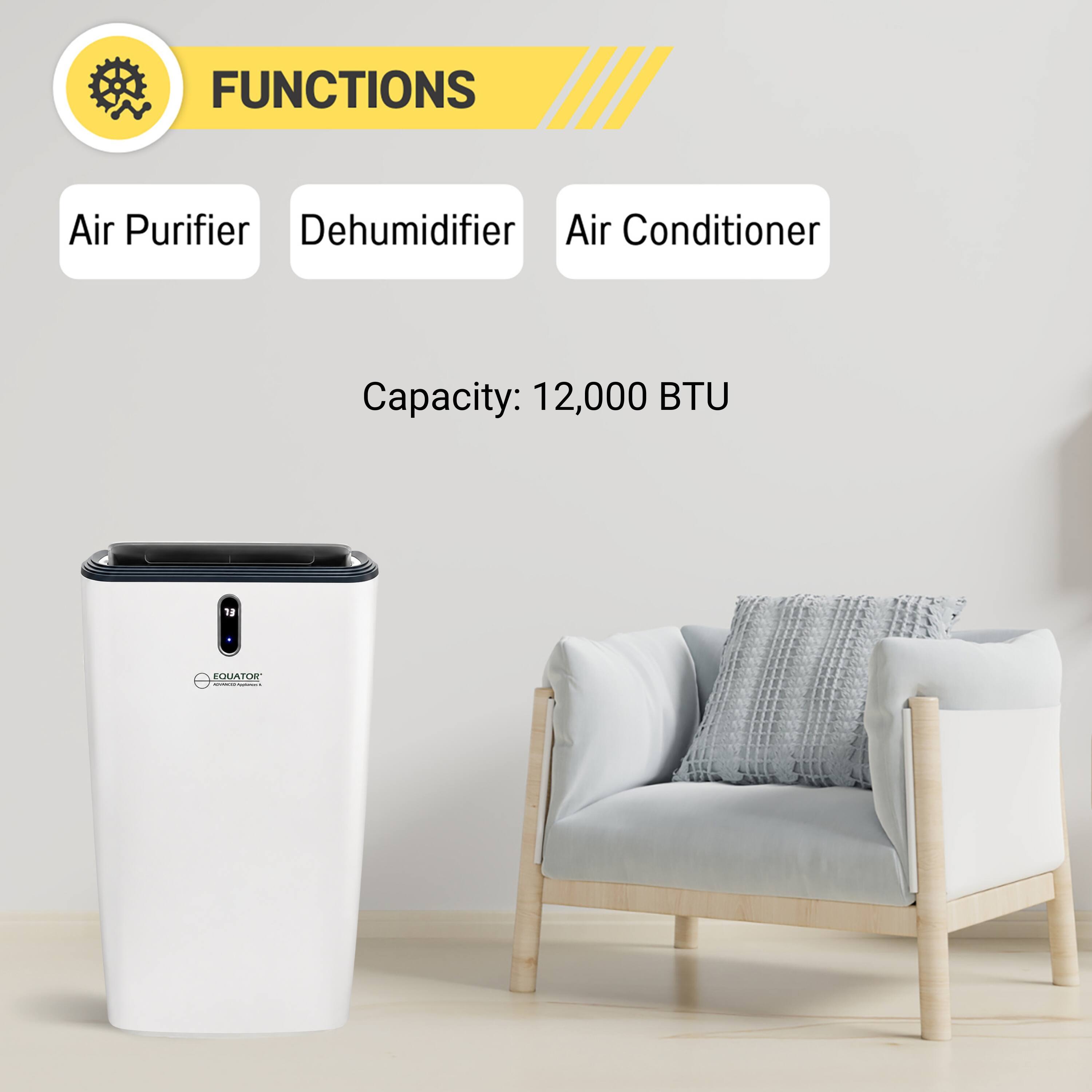 FUNCTIONS  
Air Purifier  
Dehumidifier  
Air Conditioner  

Capacity: 12,000 BTU