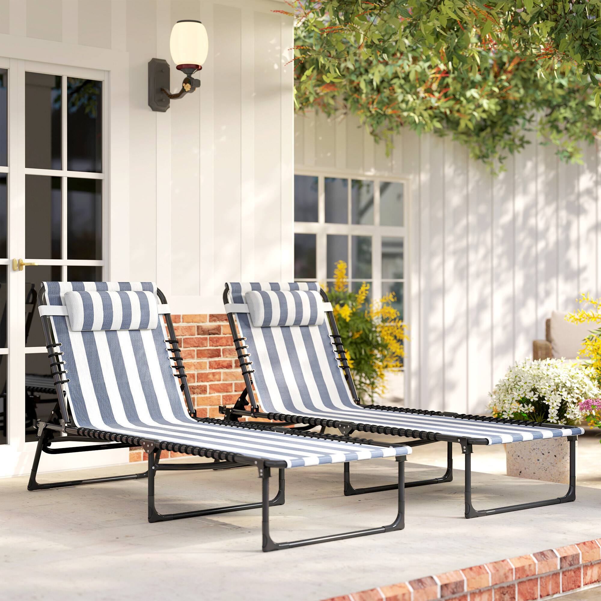 Alt View 8. Outsunny - Folding Chaise Lounge Pool Chairs with 4-Position Reclining Back, Pillow, Breathable Mesh & Bungee Seat - Blue and White.