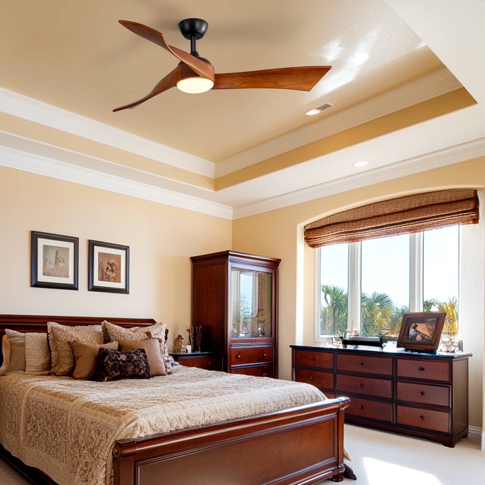 Alt View 4. Sofucor - Wood Ceiling Fans with Lights and Remote Reversible 6 Speeds 3CCT Dimmable, Noiseless, Indoor/Outdoor Ceiling Fan Quiet - Black-52inch with Waved Blades.