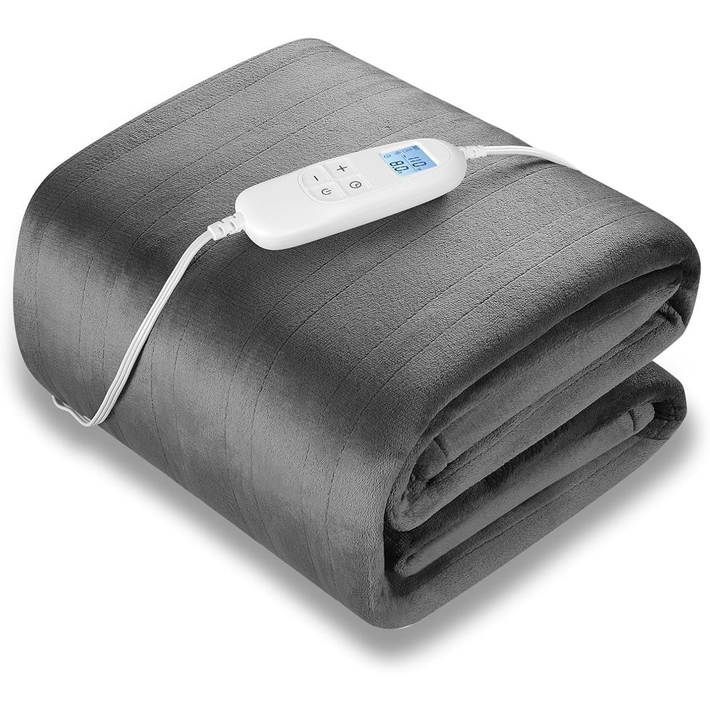 Front. MOSZAR LLC - "Queen Electric Heated Blanket – Ultra Soft Flannel, Grey, Machine Washable" - Grey.