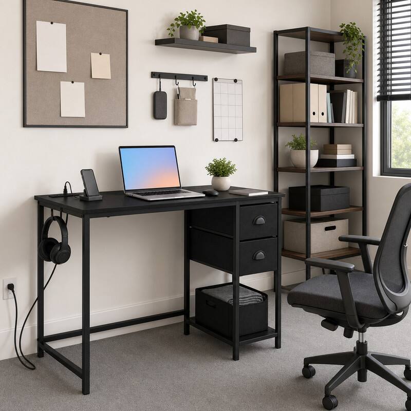 Angle. WELLFOR - 38" Computer Desk with Charging Station & 2 Fabric Drawers,Home Office Desk Writing Desk for Small Spaces - Black.
