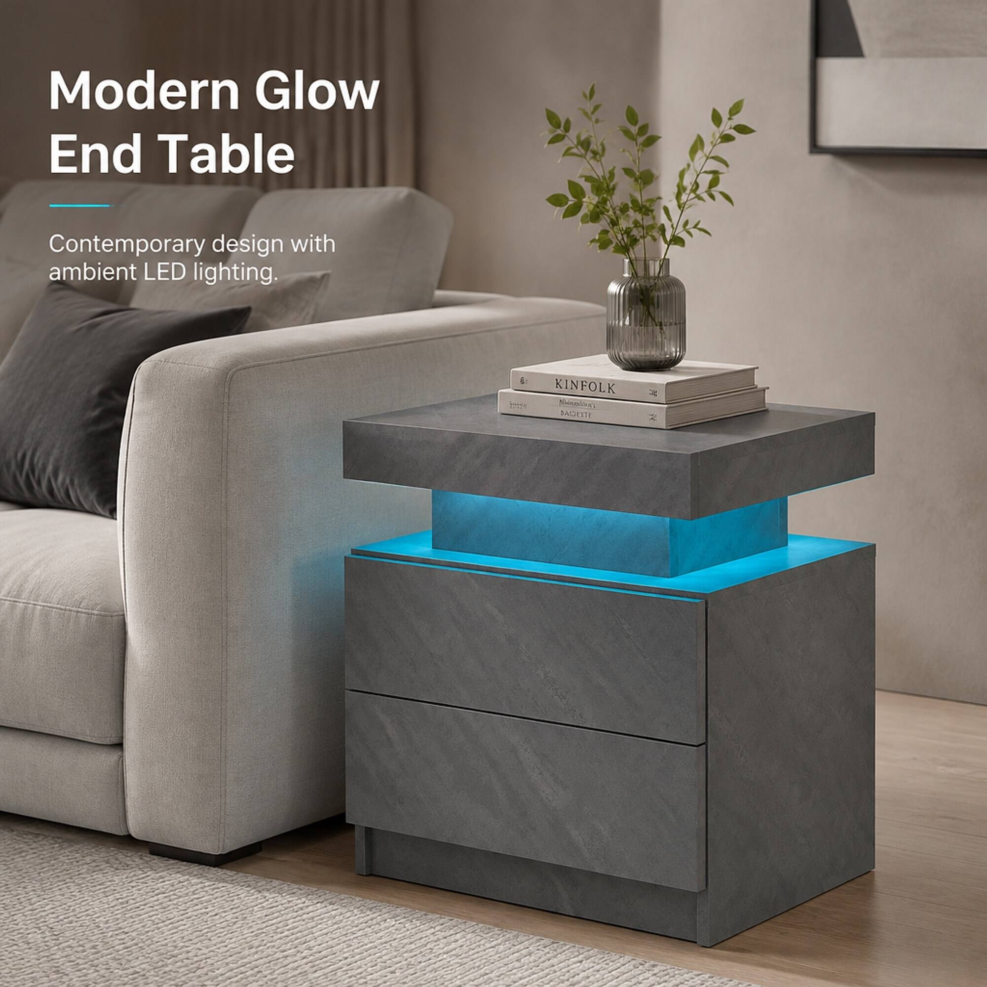 RYHNUYNE LED Nightstand, Modern Bedside Table, 2 Drawers, Open Shelf ...