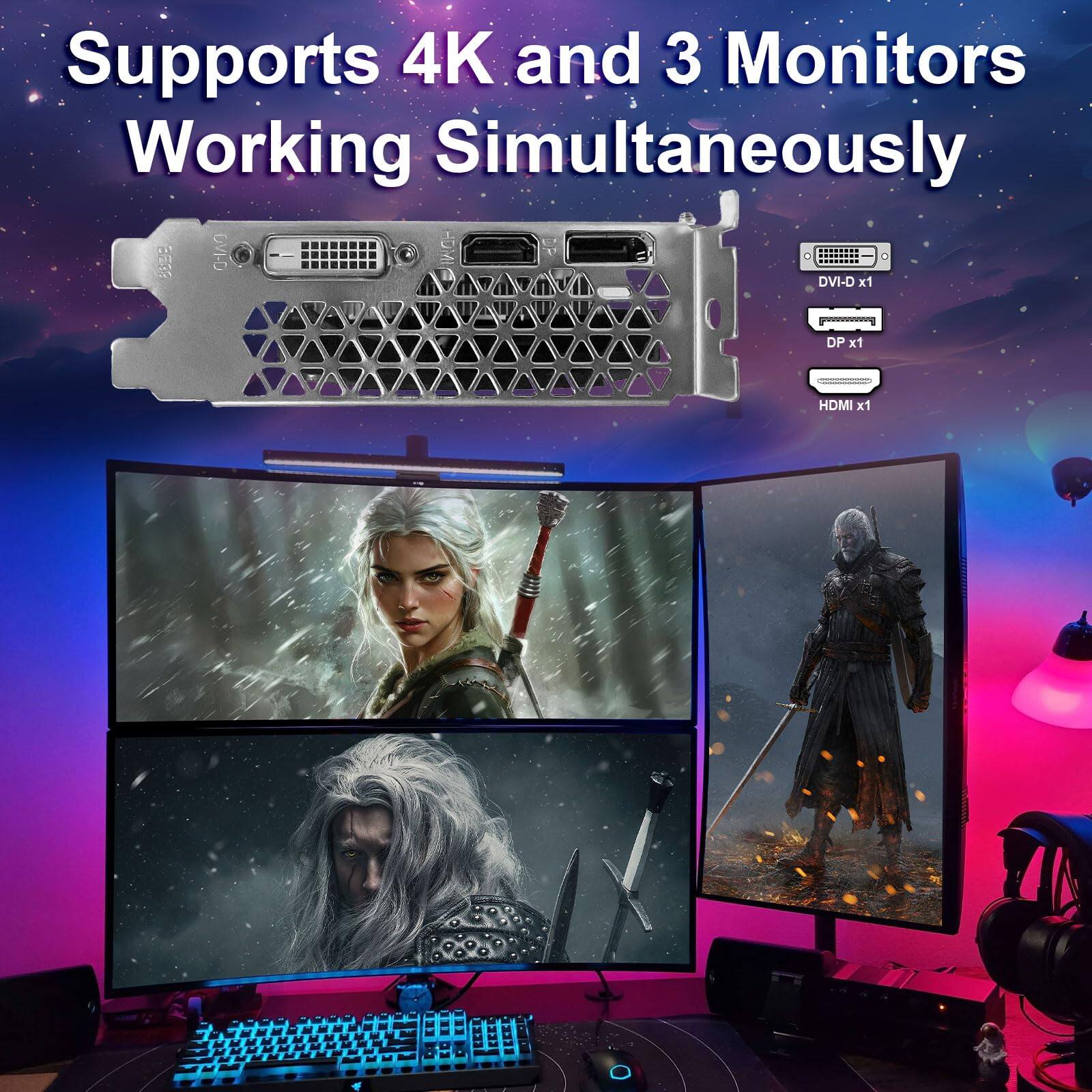 Supports 4K and 3 Monitors Working Simultaneously

- DVI-D x1
- DP x1
- HDMI x1