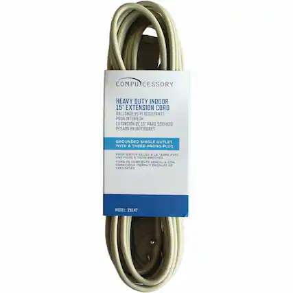 COMPU CESSORY HEAVY DUTY INDOOR 15' EXTENSION CORD RALLONGE 15 PI RÉSISTANTE POUR INTÉRIEUR EXTENSION DE 15' POUR SERVICE PESADO EN INTERIORES GROUNDED SINGLE OUTLET WITH A THREE-PRONG PLUG PRISE SIMPLE RELIÉE À LA TERRE AVEC UNE FICHE À TROIS BROCHES TOMA DE CORRIENTE SENCILLA CON CONEXIÓN A TIERRA Y ENCHUFE DE TRES PATAS MODEL: 25147