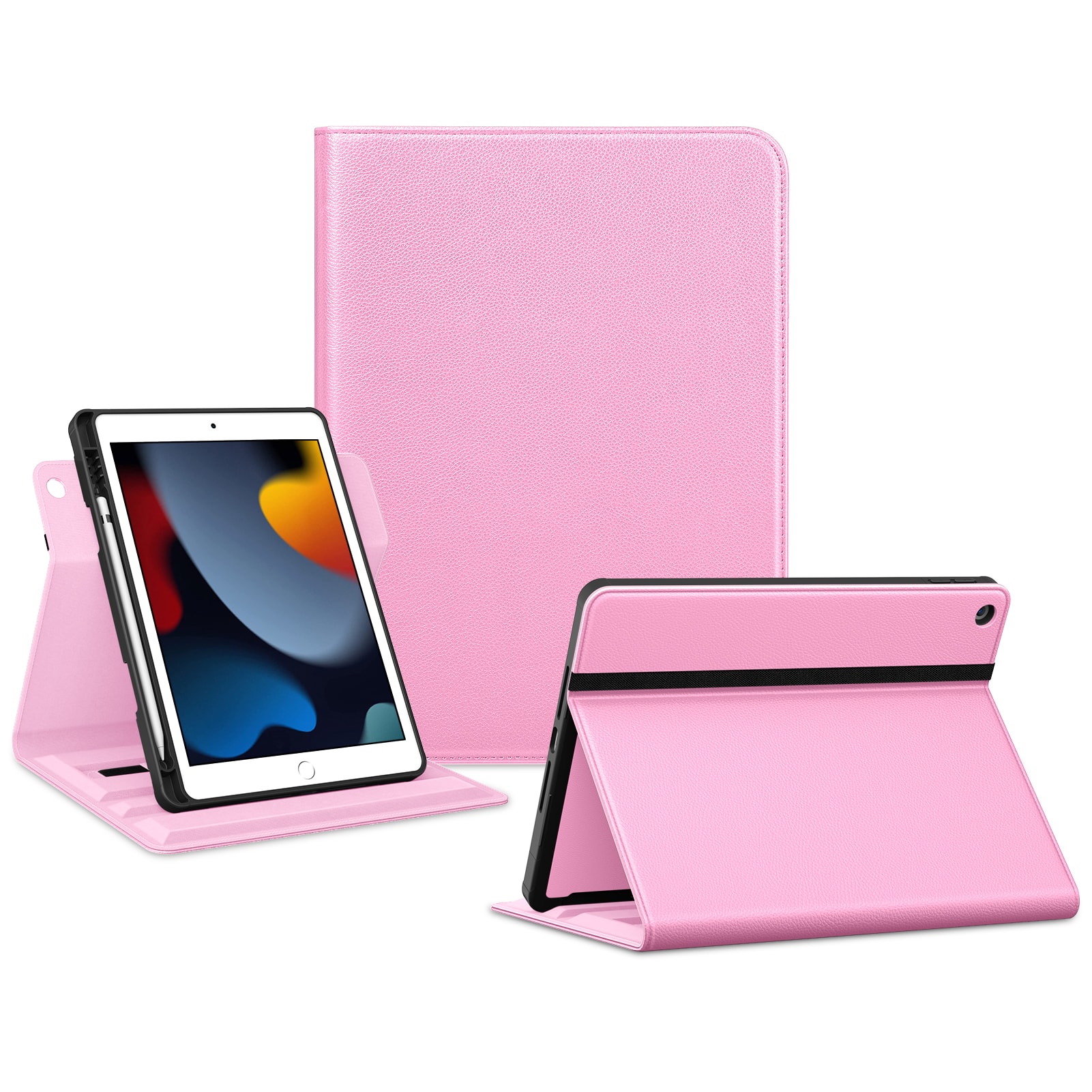 DTTO - Rotating Case for iPad 9th/8th/7th Gen 10.2", Leather Folio with Pencil Holder, 360° Stand, Hand & Close Straps - Pink
