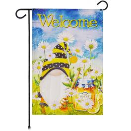 G128 - Garden Flag Welcome Bee Gnome with Honey 12 x 18 in Blockout Fabric - Assorted Colors