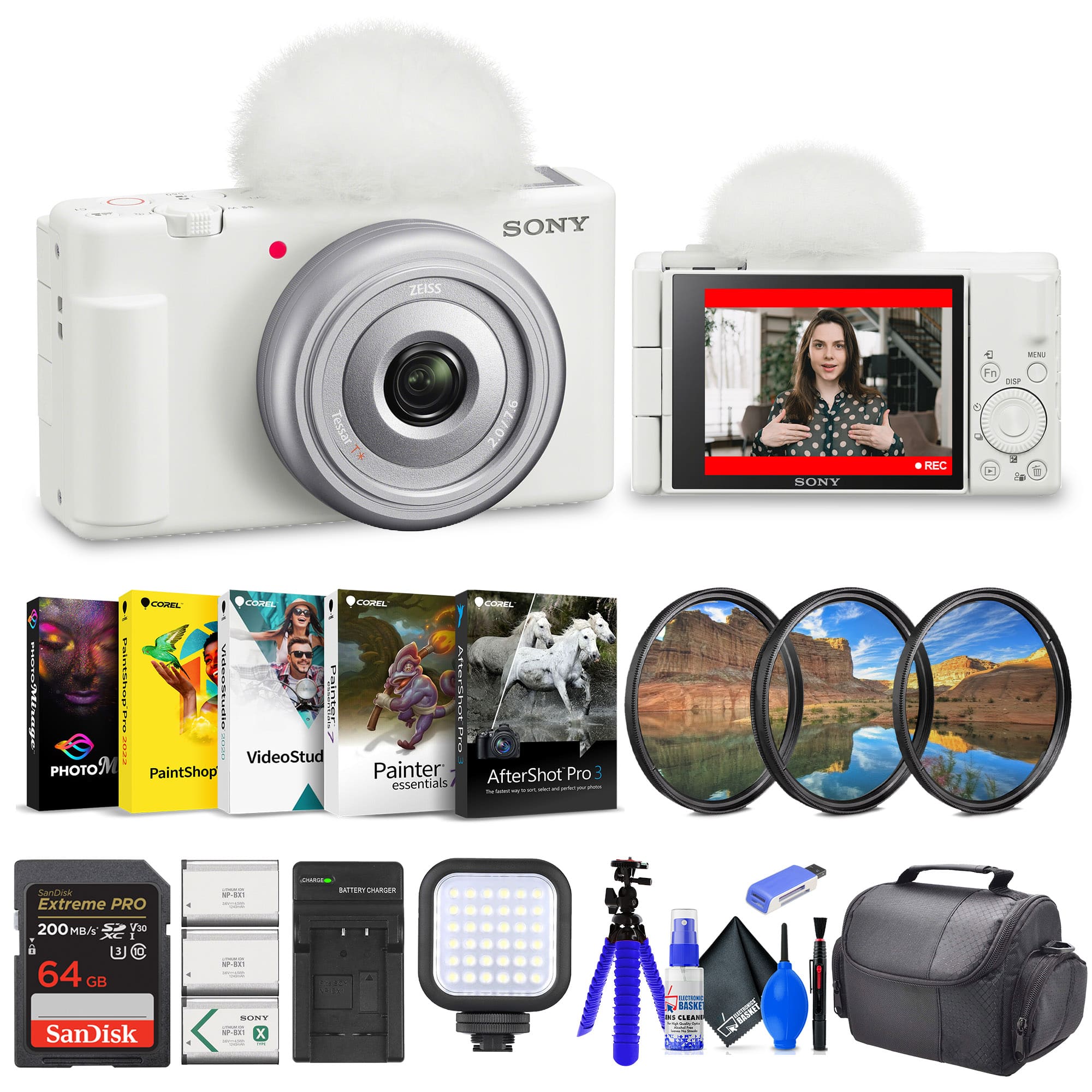 Sony - ZV-1F Vlogging Camera (ZV1F/W) + Filter Kit + 64GB Card + Corel Software - White