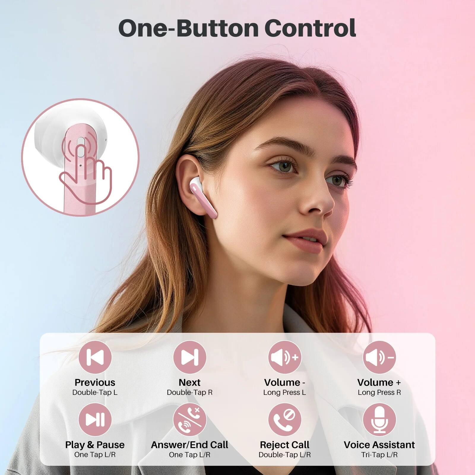 One-Button Control

- Previous: Double-Tap L
- Next: Double-Tap R
- Volume -: Long Press L
- Volume +: Long Press R
- Play & Pause: One Tap L/R
- Answer/End Call: One Tap L/R
- Reject Call: Double-Tap L/R
- Voice Assistant: Tri-Tap L/R