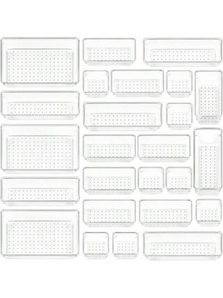 Front. Live At Space - 25 PCS Plastic Drawer Organizers Set, 4 - Size Versatile Bathroom and Vanity Organizer Trays, Storage Bins Makeup, - Transparent.