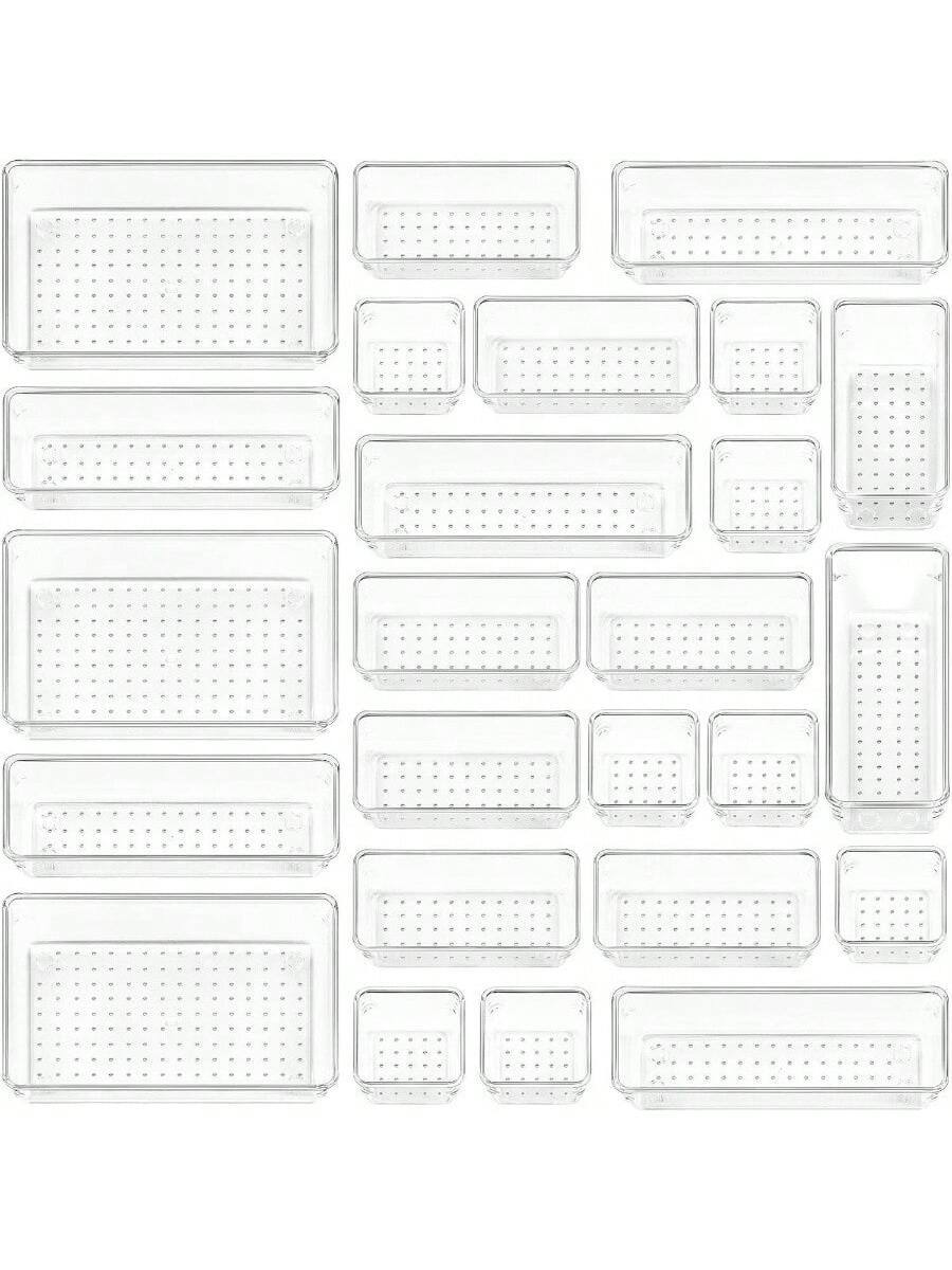 Live At Space - 25 PCS Plastic Drawer Organizers Set, 4 - Size Versatile Bathroom and Vanity Organizer Trays, Storage Bins Makeup - Transparent