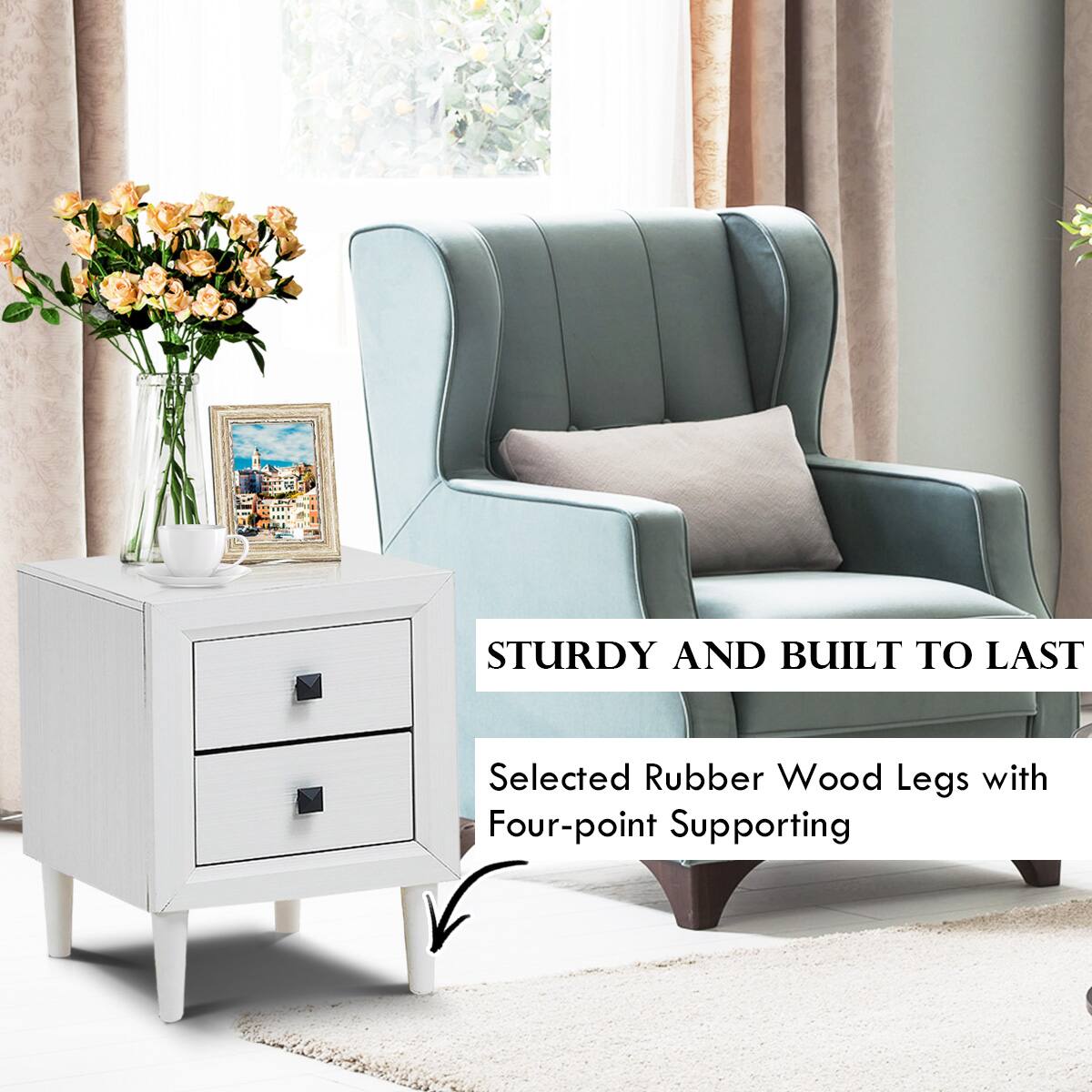 The text on the image reads: "Sturdy and built to last. Selected rubber wood legs with four-point supporting."