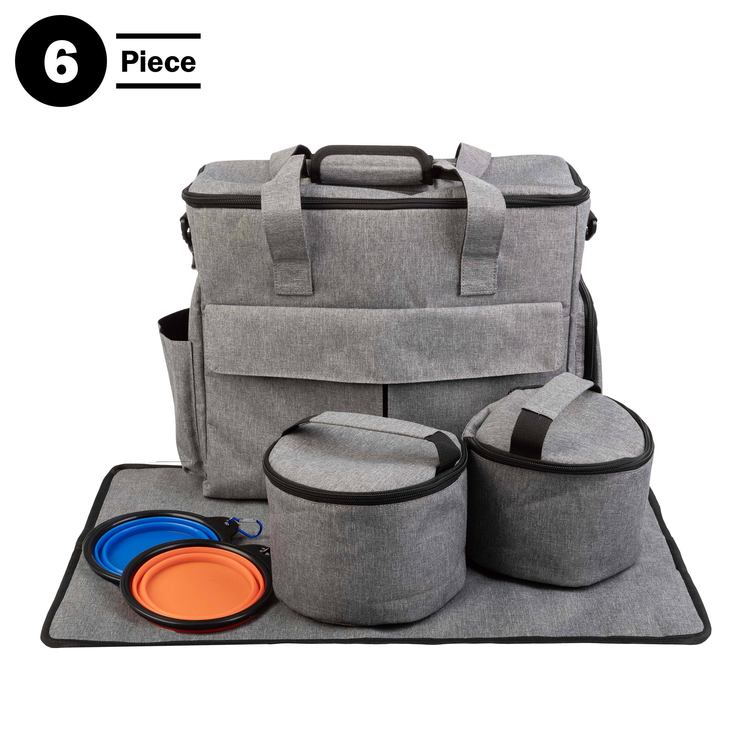 Left. PetMaker - Dog Travel Bag with Mat, Food Containers, and Dog Bowls - Gray.