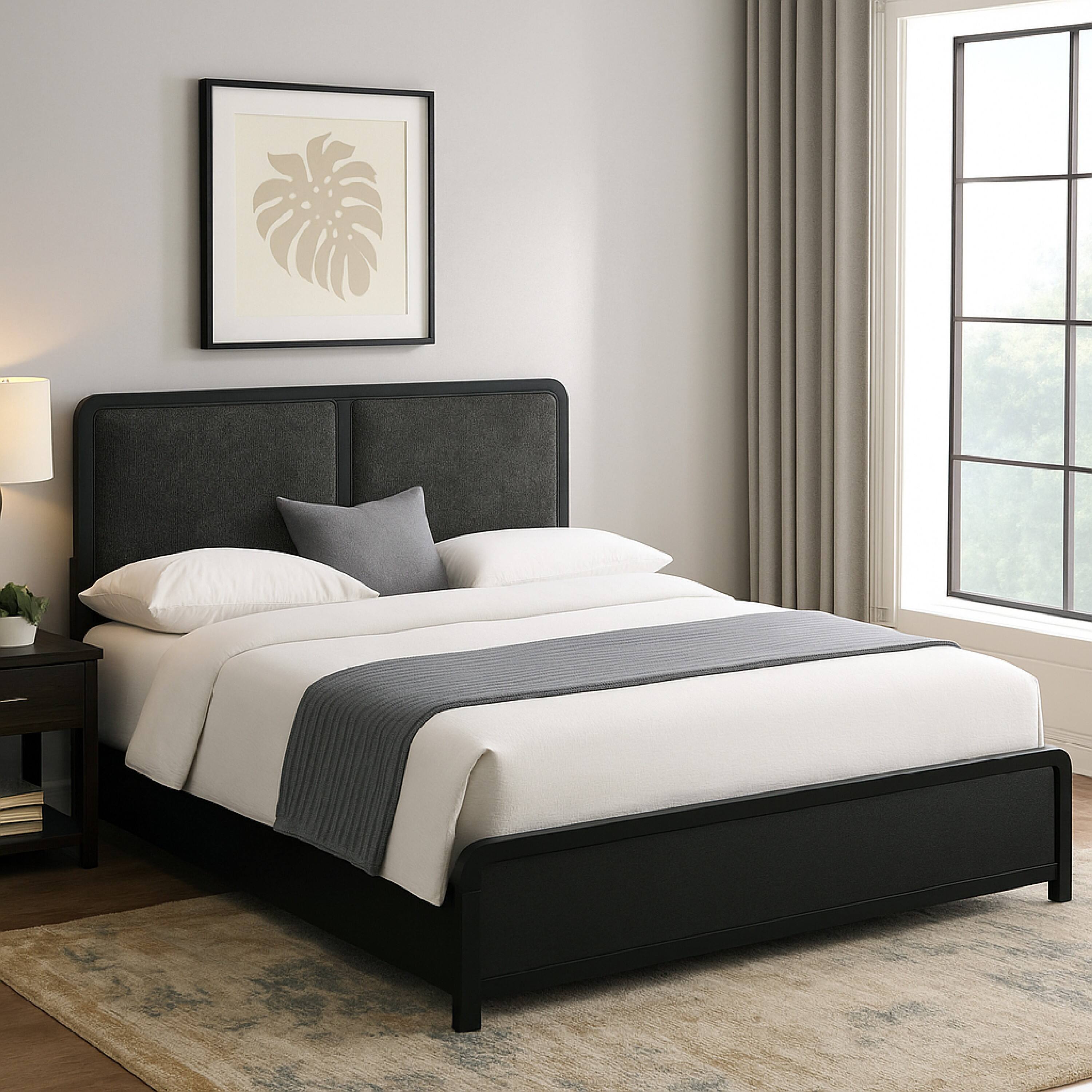 Alt View 5. Manhattan Lane - Cavy King Size Bed, Channel Tufted Upholstered Headboard - Black, Charcoal Gray.