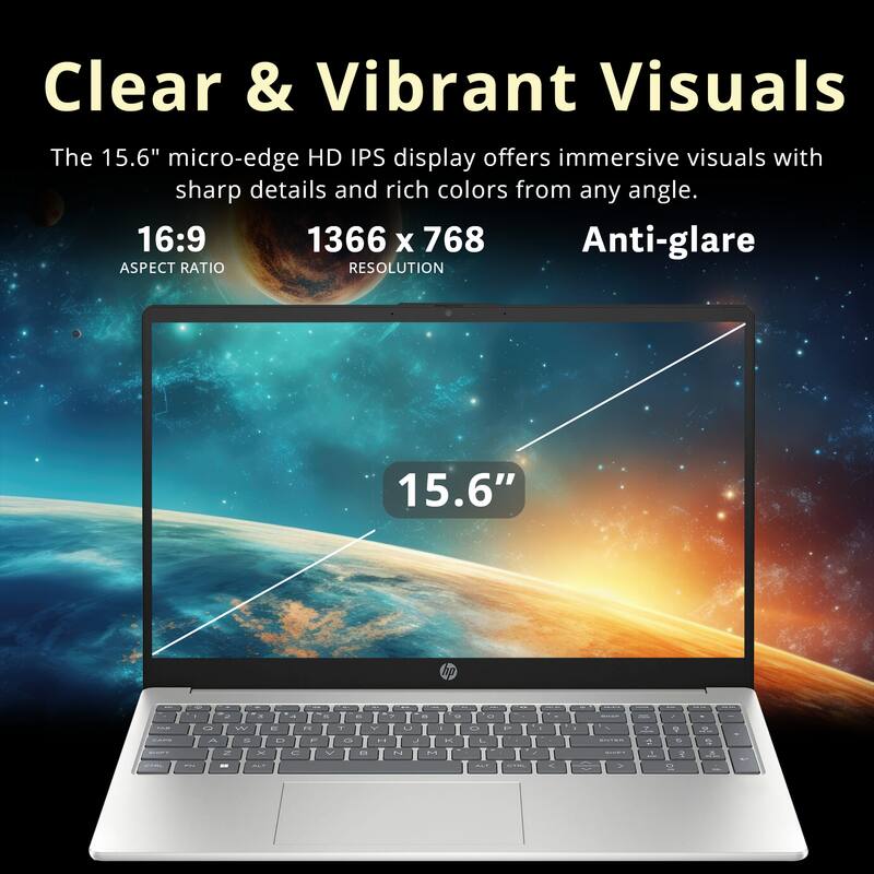 Clear & Vibrant Visuals

The 15.6" micro-edge HD IPS display offers immersive visuals with sharp details and rich colors from any angle.

16:9 ASPECT RATIO

1366 x 768 RESOLUTION

Anti-glare

15.6"