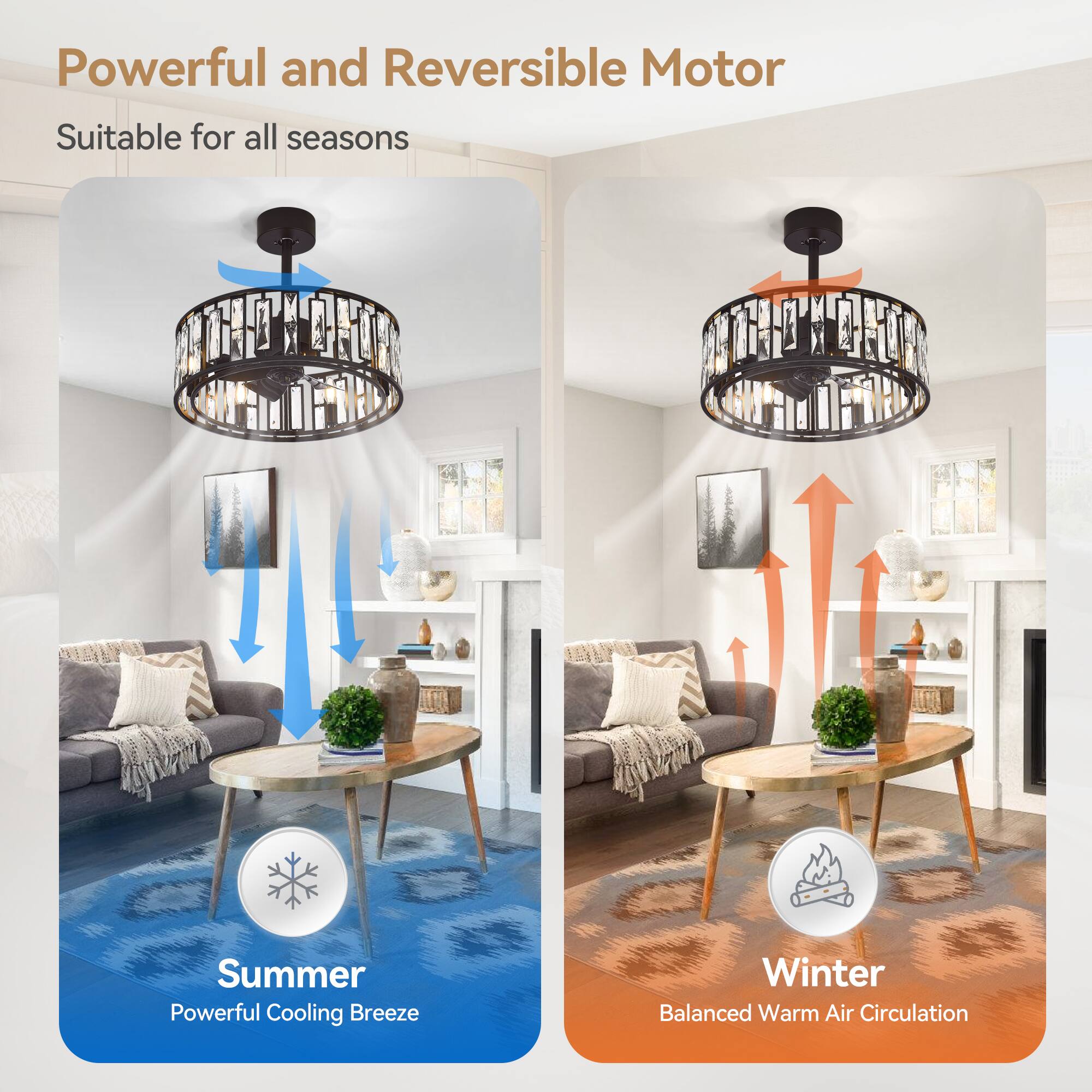 Powerful and Reversible Motor  
Suitable for all seasons  

Summer  
Powerful Cooling Breeze  

Winter  
Balanced Warm Air Circulation