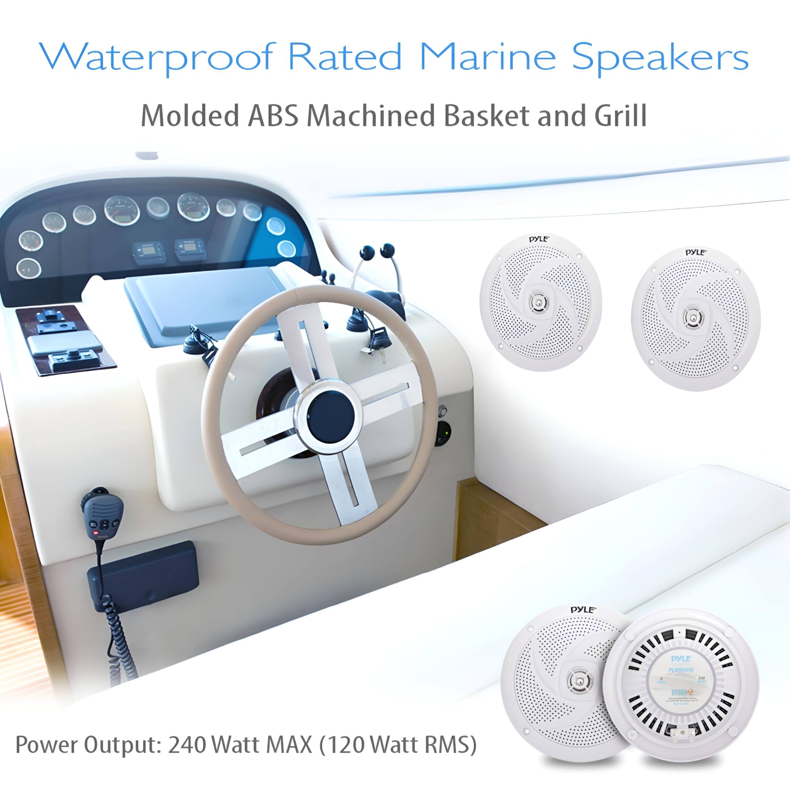 Waterproof Rated Marine Speakers  
Molded ABS Machined Basket and Grill  

Power Output: 240 Watt MAX (120 Watt RMS)